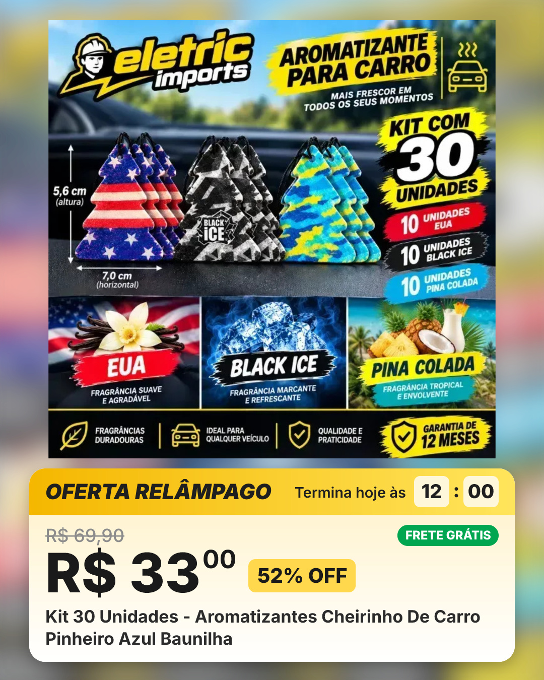 Kit 30 Unidades - Aromatizantes Cheirinho De Carro Pinheiro Azul Baunilha