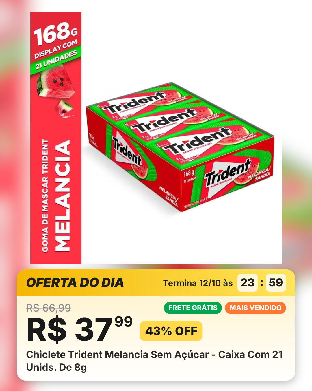 Chiclete Trident Melancia Sem Açúcar - Caixa Com 21 Unids. De 8g