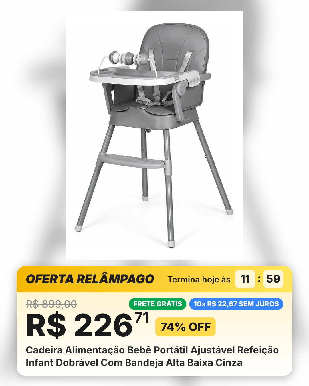 Cadeira Alimentação Bebê Portátil Ajustável Refeição Infant Dobrável Com Bandeja Alta Baixa Cinza