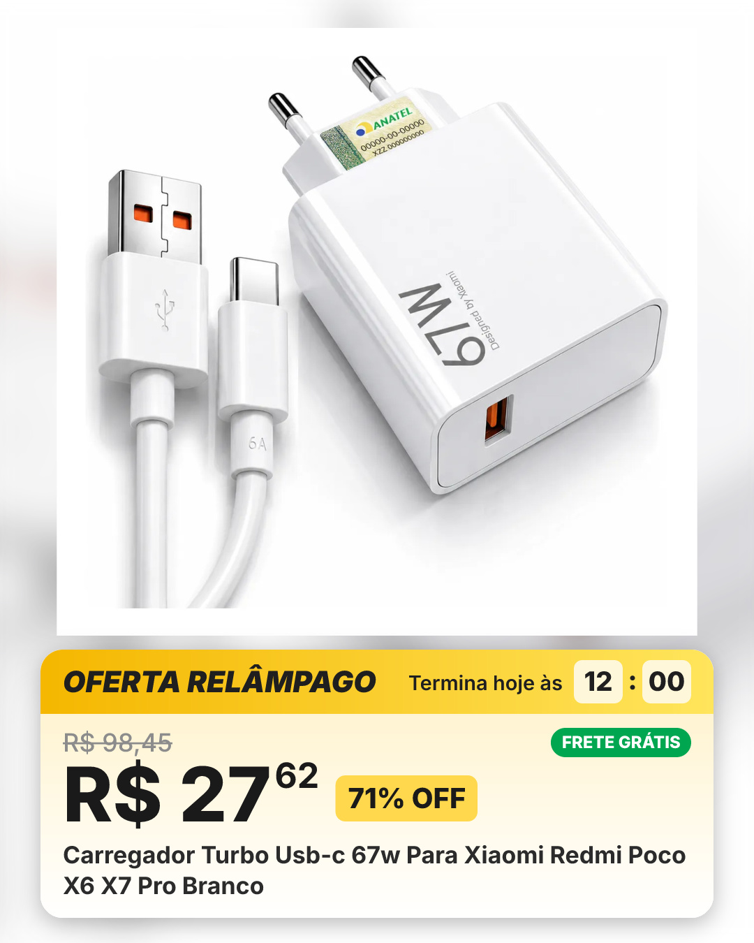 Carregador Turbo Usb-c 67w Para Xiaomi Redmi Poco X6 X7 Pro Branco