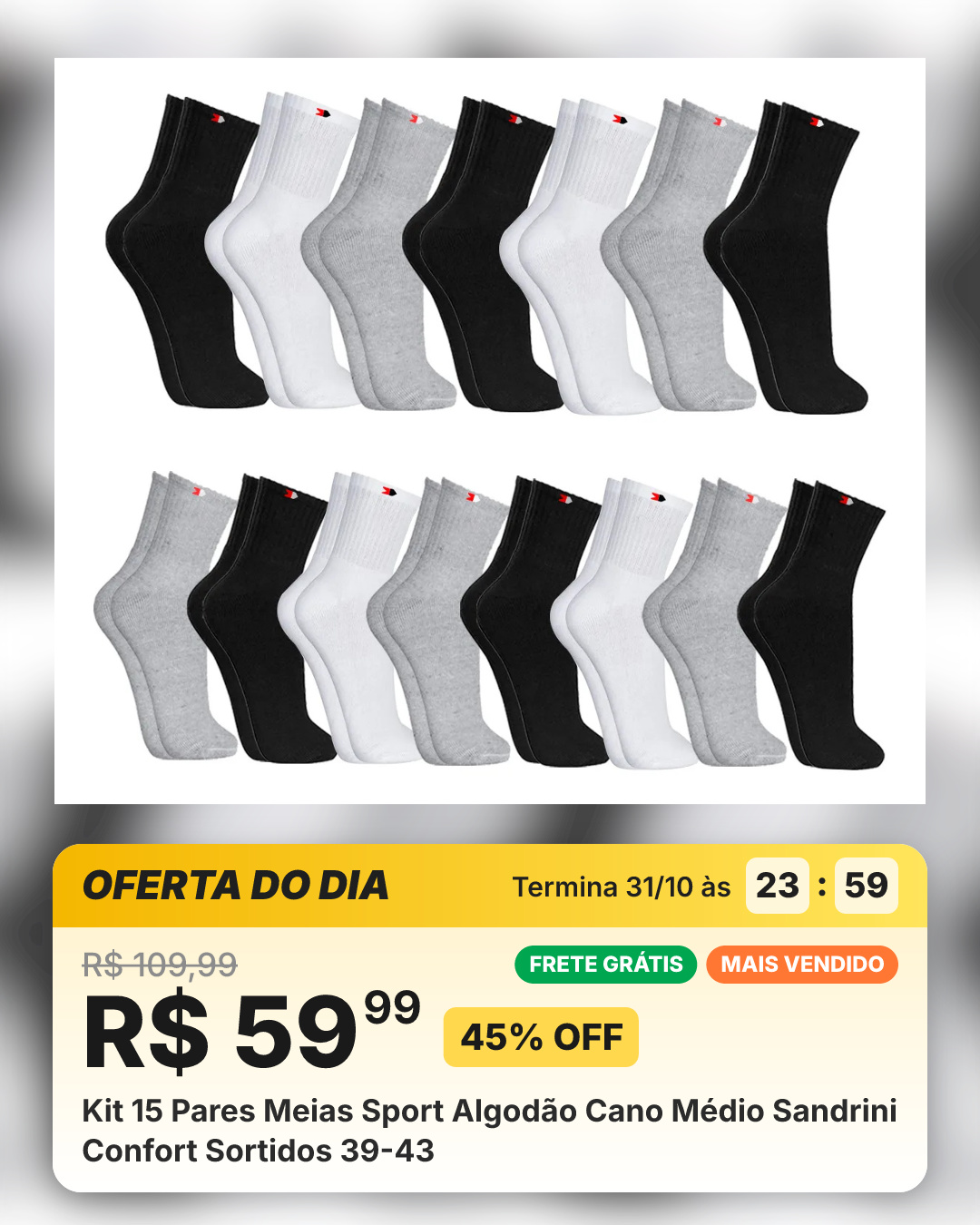 Kit 15 Pares Meias Sport Algodão Cano Médio Sandrini Confort Sortidos 39-43