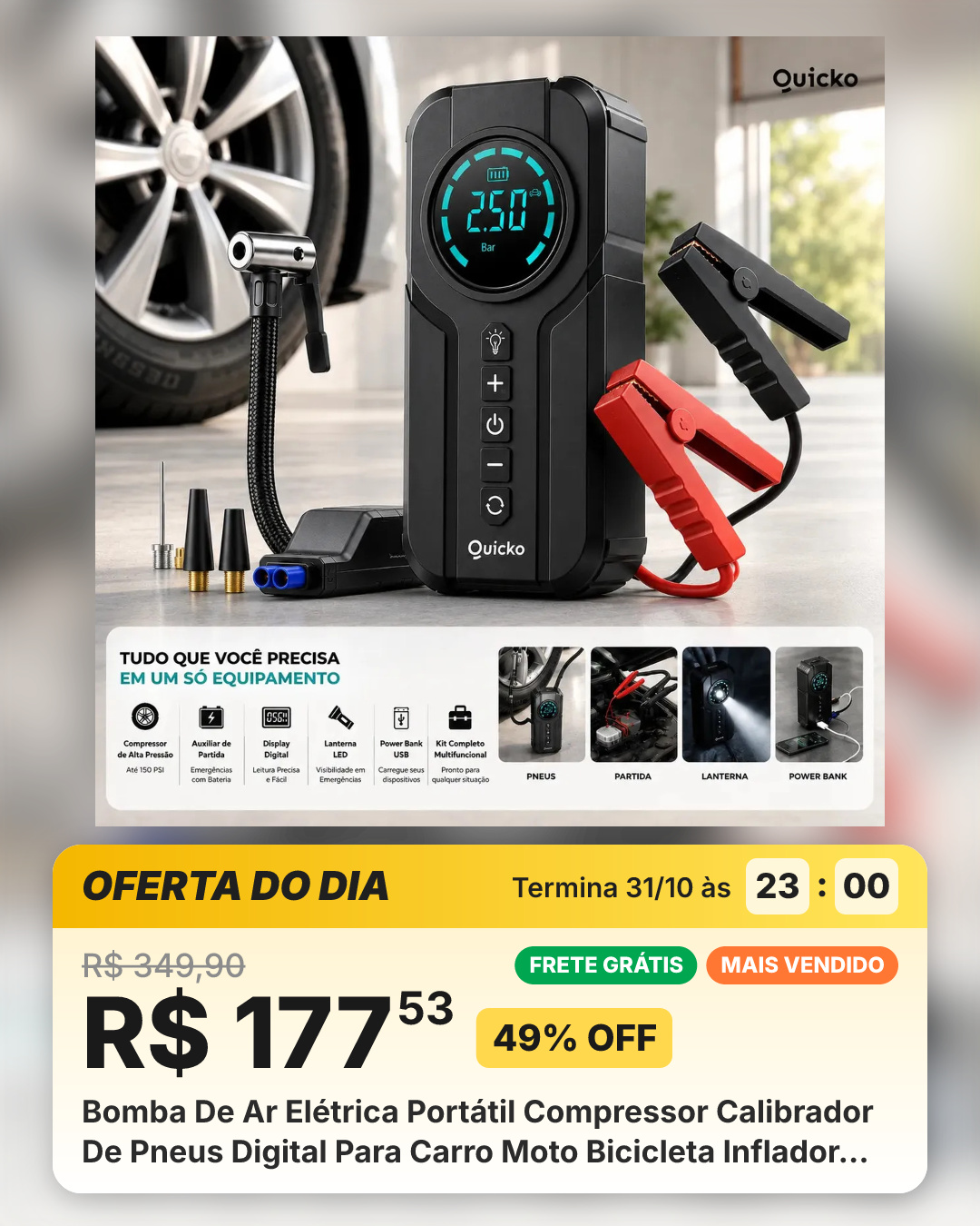 Bomba De Ar Elétrica Portátil Compressor Calibrador De Pneus Digital Para Carro Moto Bicicleta Inflador Recarregável... 127/220v