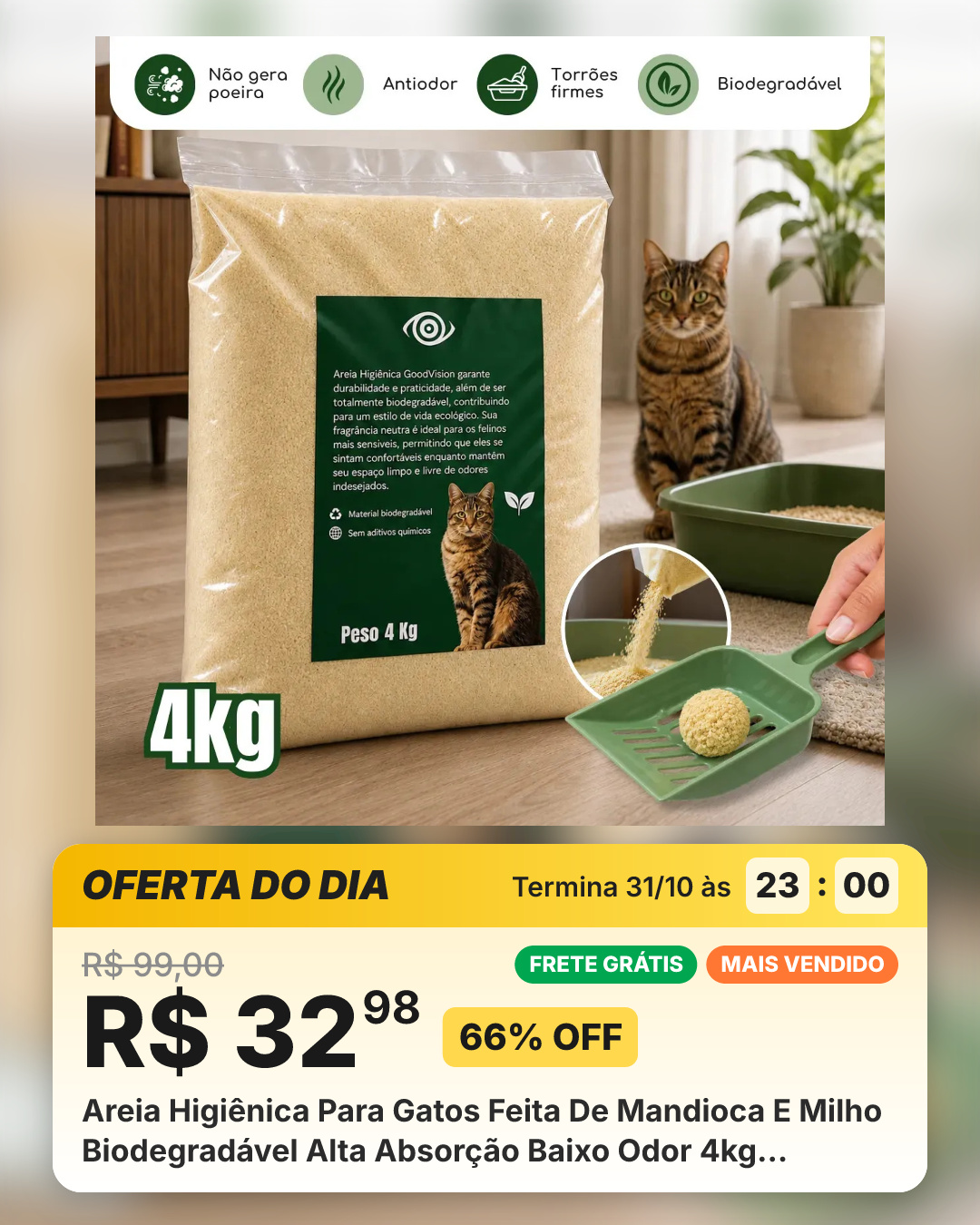 Areia Higiênica Para Gatos Feita De Mandioca E Milho Biodegradável Alta Absorção Baixo Odor 4kg - Goodvision