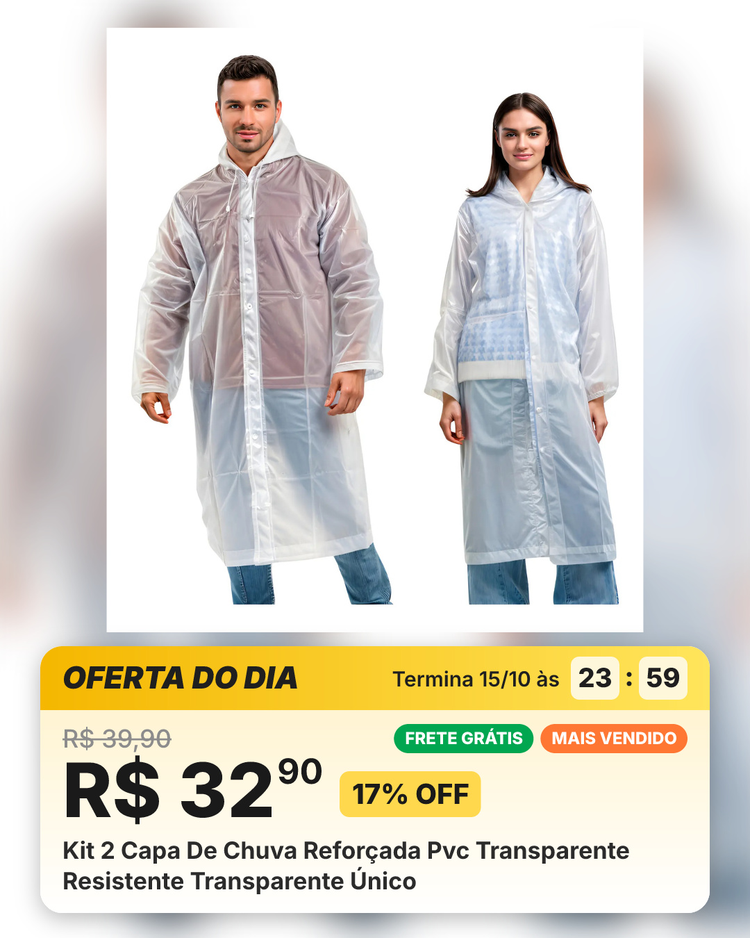 Kit 2 Capa De Chuva Reforçada Pvc Transparente Resistente Transparente Único
