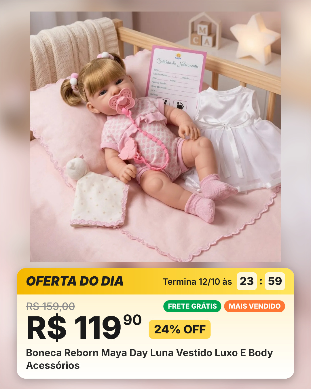 Boneca Reborn Maya Day Luna Vestido Luxo E Body Acessórios