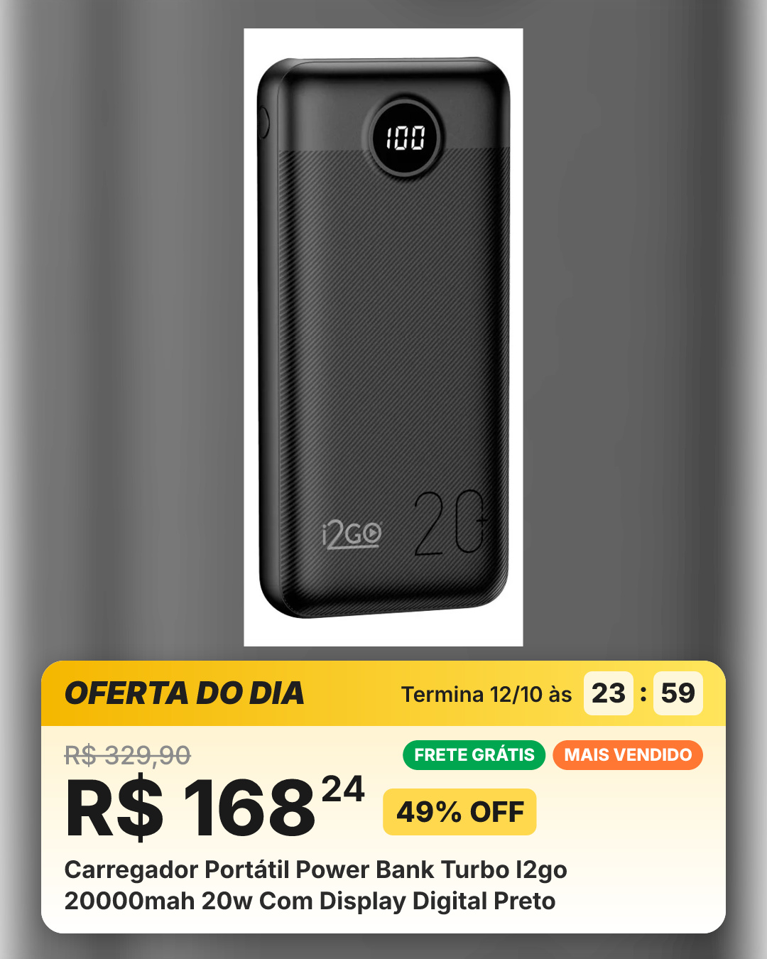 Carregador Portátil Power Bank Turbo I2go 20000mah 20w Com Display Digital Preto