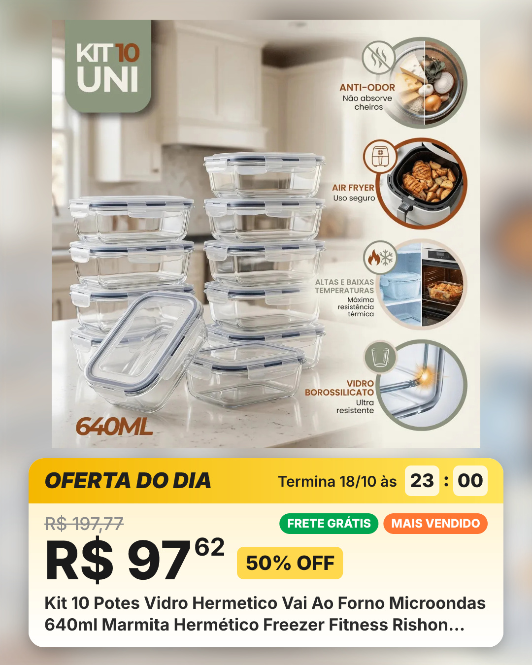 Kit 10 Potes Vidro Hermetico Vai Ao Forno Microondas 640ml Marmita Hermético Freezer Fitness Rishon Azul-escuro
