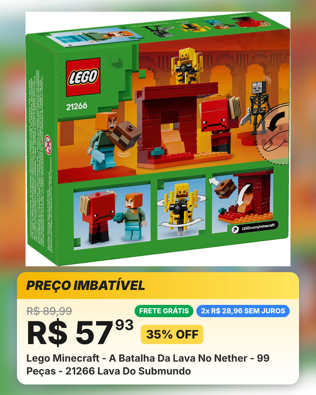 Lego Minecraft - A Batalha Da Lava No Nether - 99 Peças - 21266 Lava Do Submundo