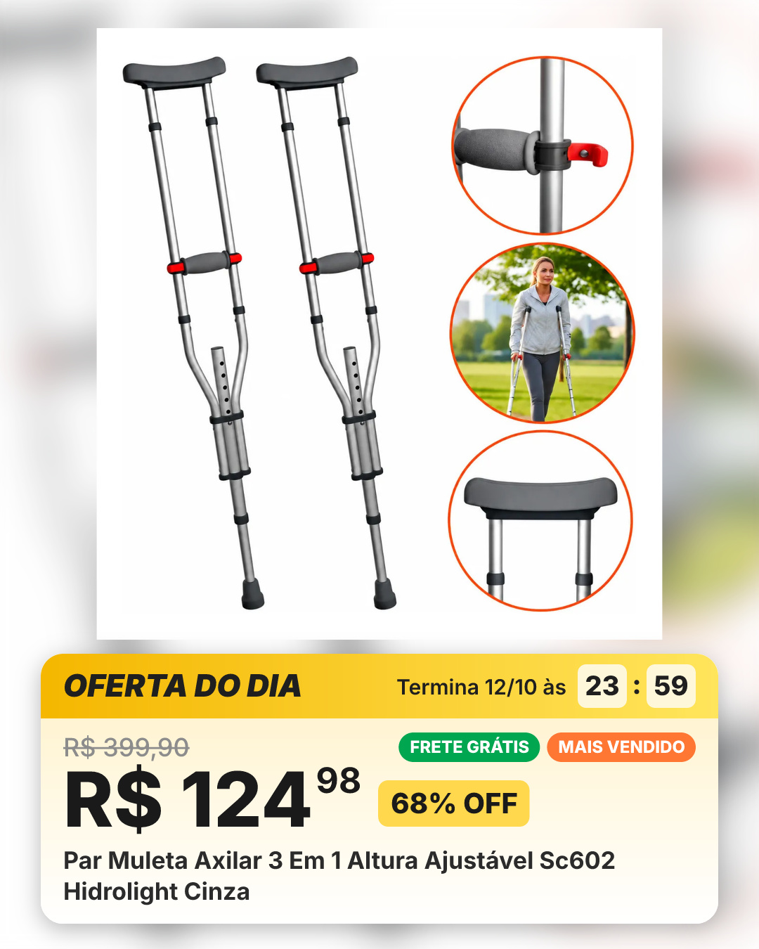 Par Muleta Axilar 3 Em 1 Altura Ajustável Sc602 Hidrolight Cinza