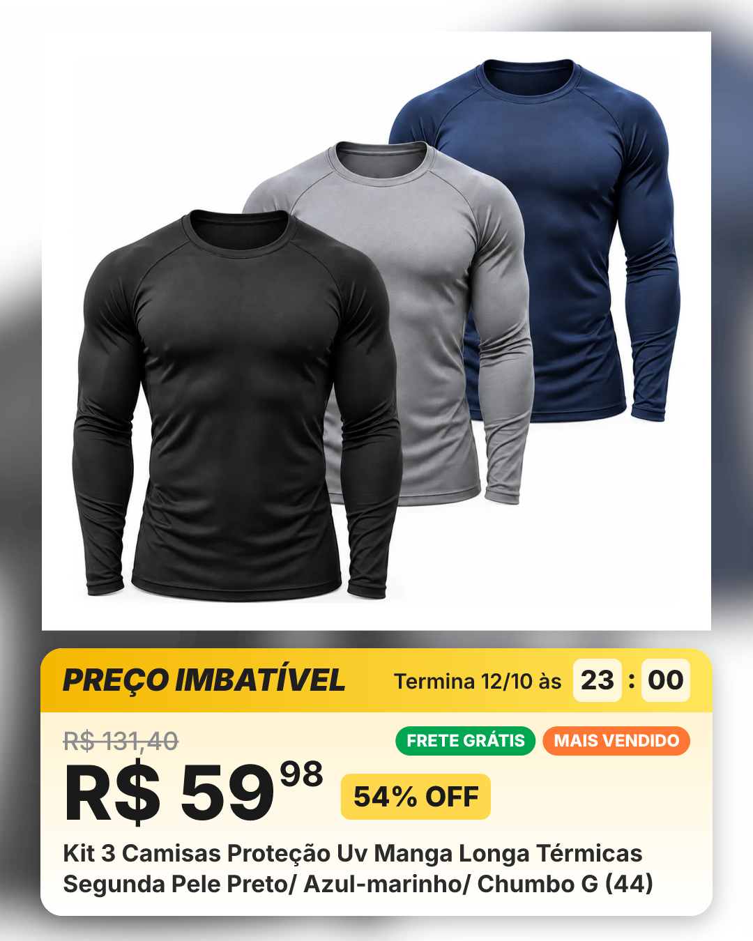 Kit 3 Camisas Proteção Uv Manga Longa Térmicas Segunda Pele Preto/ Azul-marinho/ Chumbo G (44)