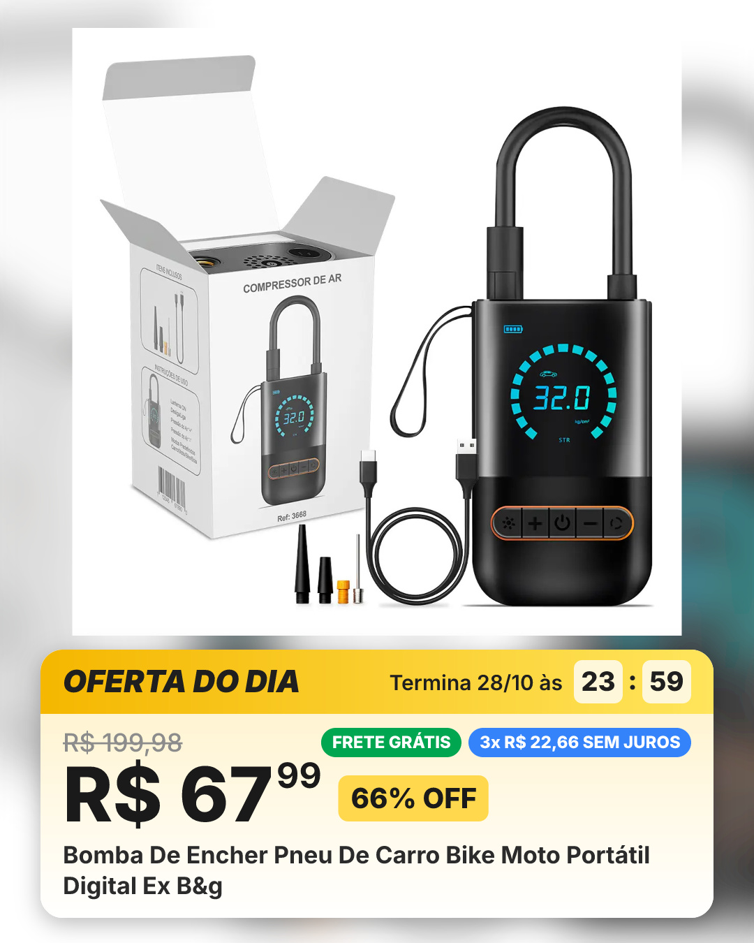 Bomba De Encher Pneu De Carro Bike Moto Portátil Digital Ex B&g