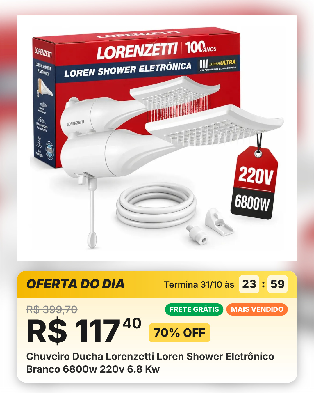 Chuveiro Ducha Lorenzetti Loren Shower Eletrônico Branco 6800w 220v 6.8 Kw