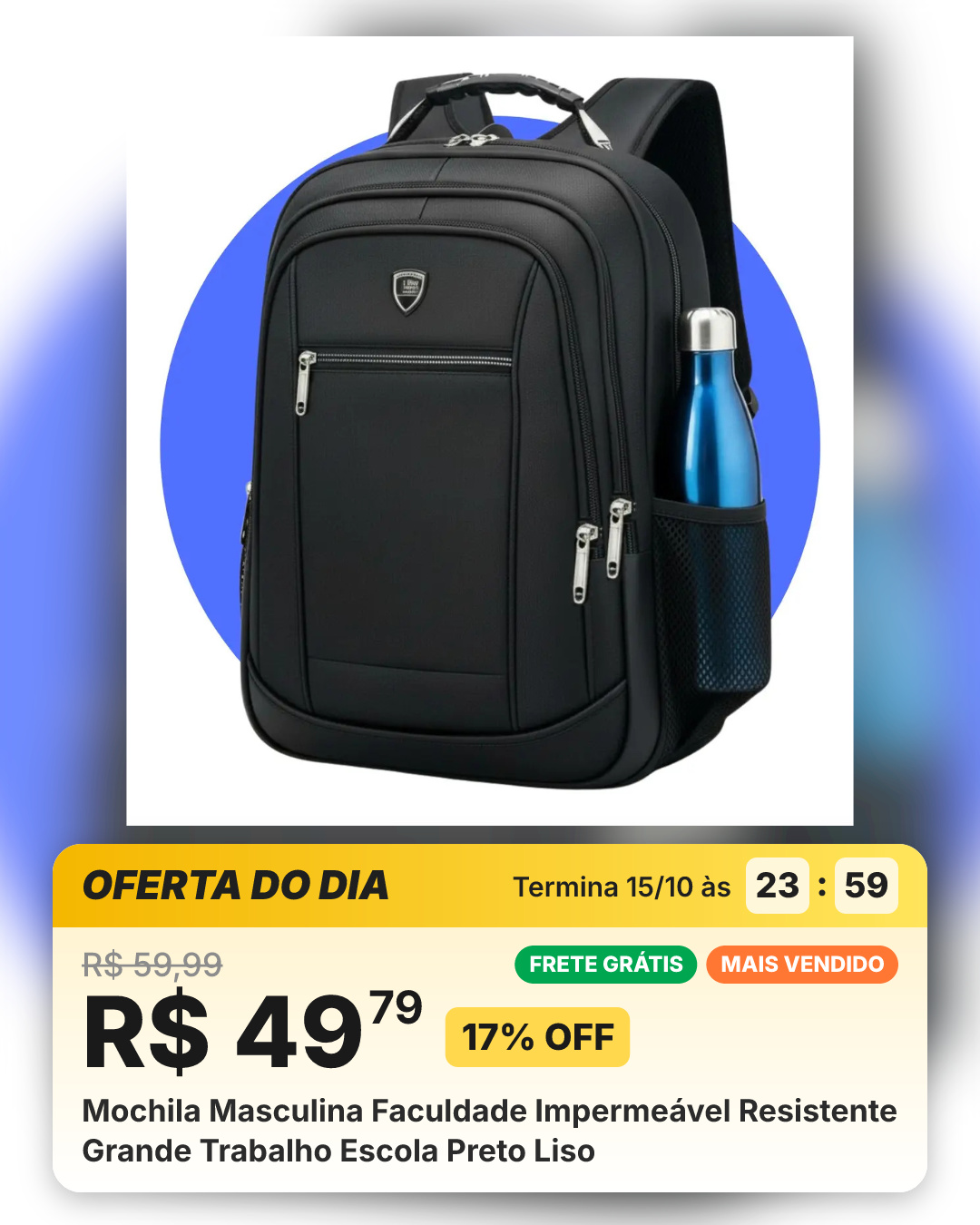 Mochila Masculina Faculdade Impermeável Resistente Grande Trabalho Escola Preto Liso