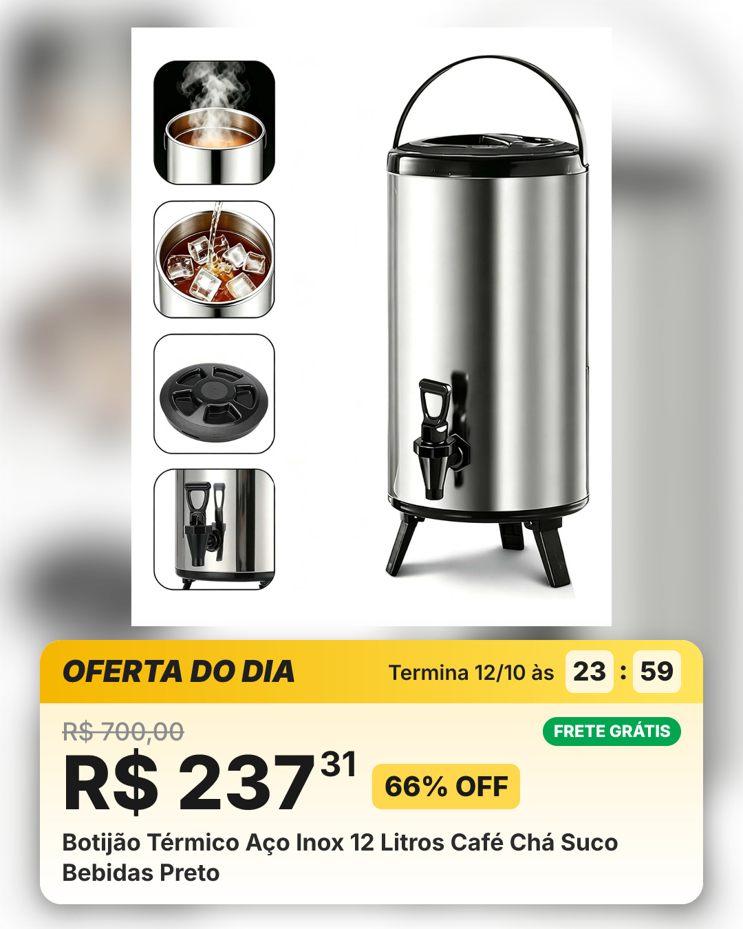 Botijão Térmico Aço Inox 12 Litros Café Chá Suco Bebidas Preto