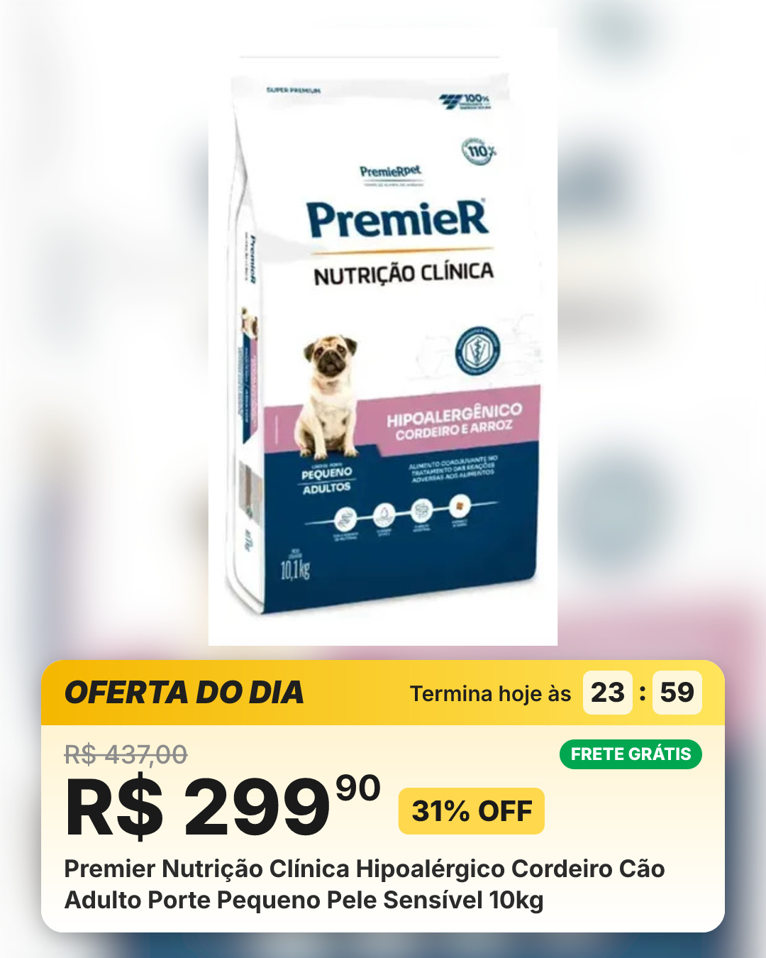 Premier Nutrição Clínica Hipoalérgico Cordeiro Cão Adulto Porte Pequeno Pele Sensível 10kg
