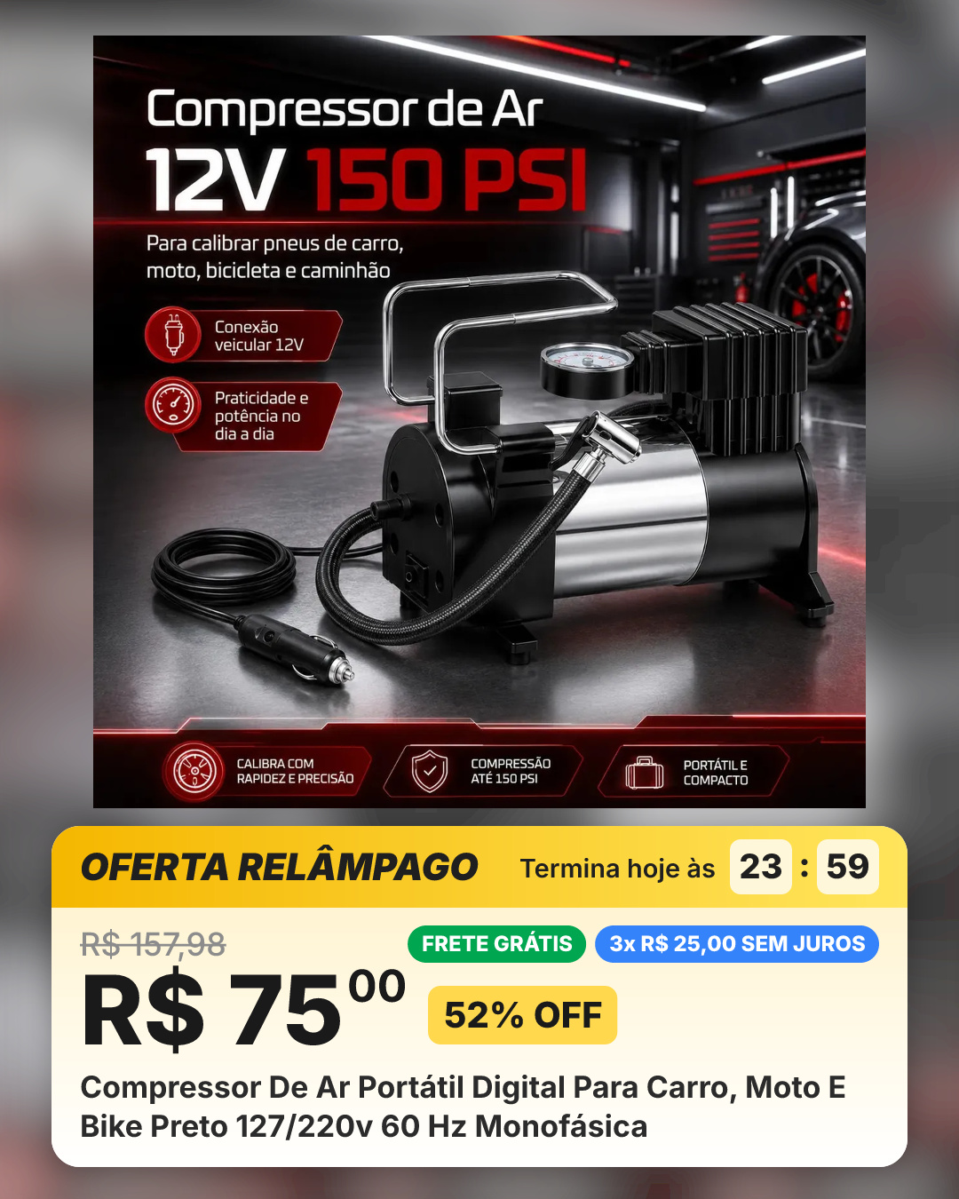 Compressor De Ar Portátil Digital Para Carro, Moto E Bike Preto 127/220v 60 Hz Monofásica