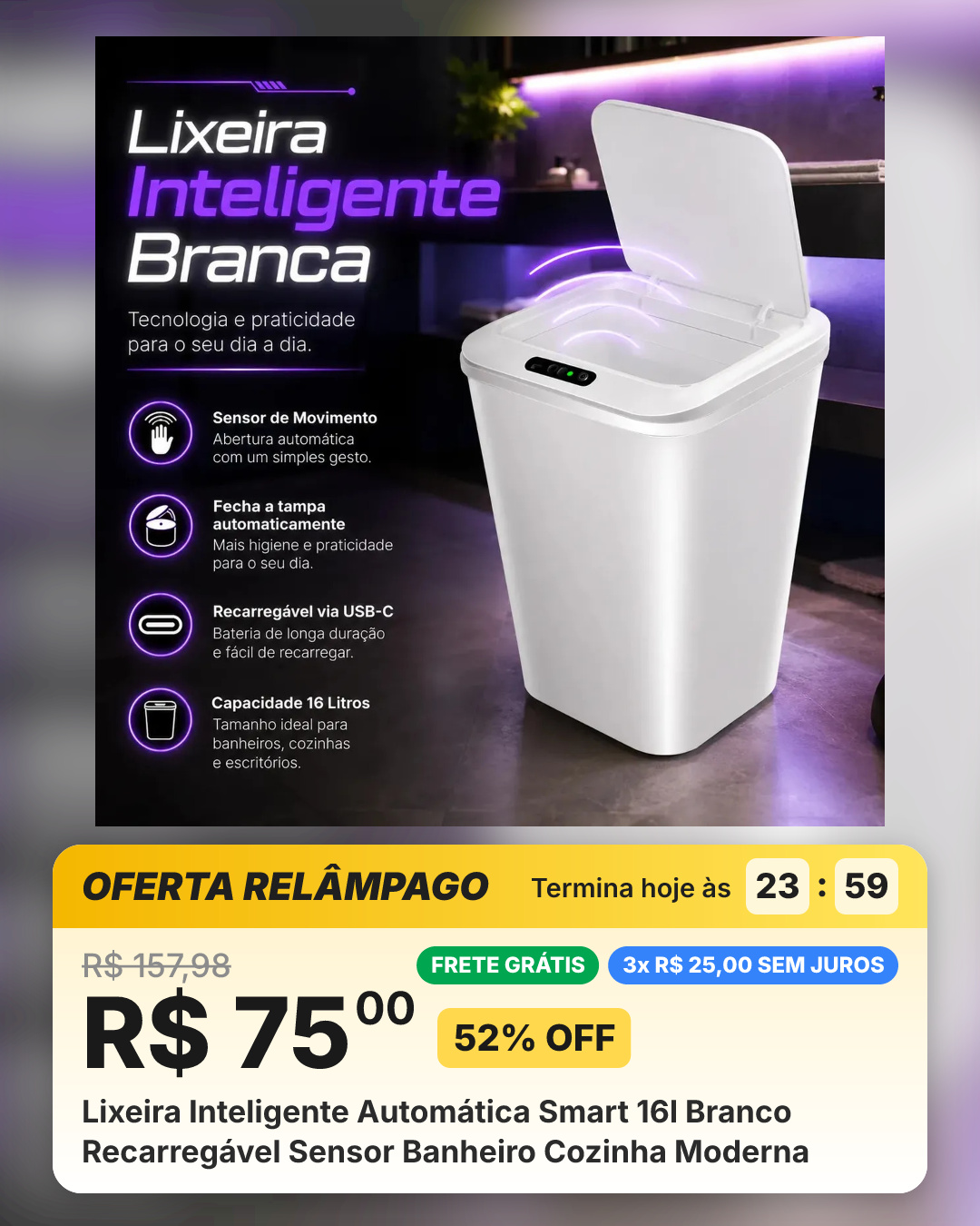 Lixeira Inteligente Automática Smart 16l Branco Recarregável Sensor Banheiro Cozinha Moderna