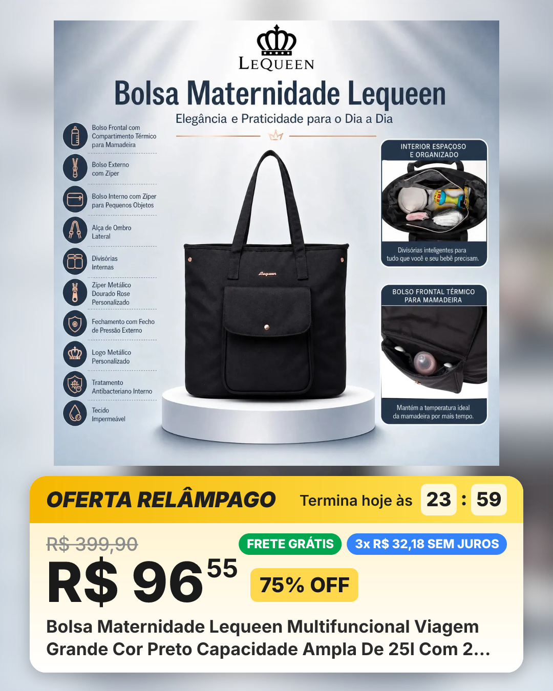 Bolsa Maternidade Lequeen Multifuncional Viagem Grande Cor Preto Capacidade Ampla De 25l Com 2 Bolsos Térmicos Para Mamadeiras Mala Maternidade