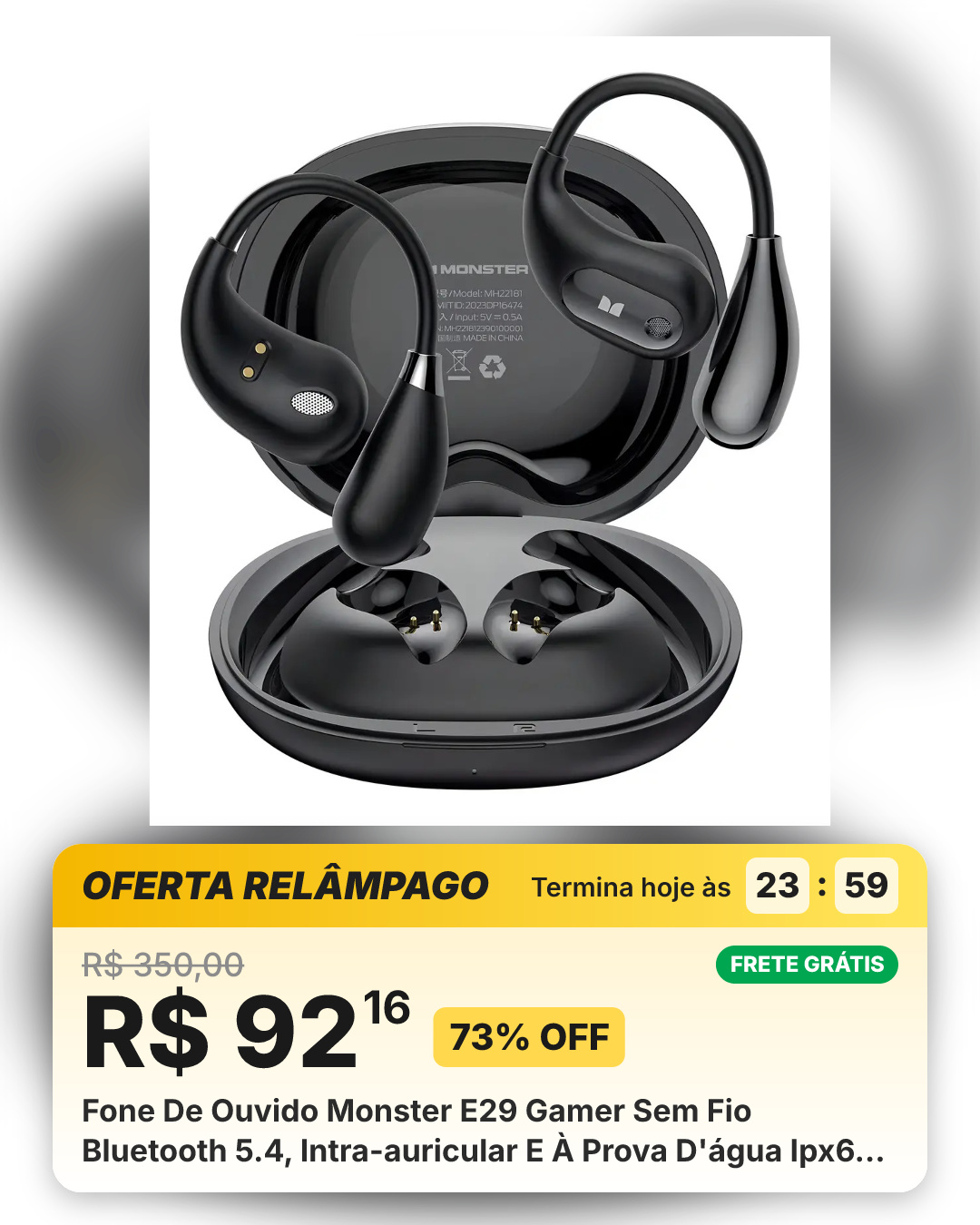 Fone De Ouvido Monster E29 Gamer Sem Fio Bluetooth 5.4, Intra-auricular E À Prova D'água Ipx6 Com Microfone Hd E Cancelamento De Ruído Preto