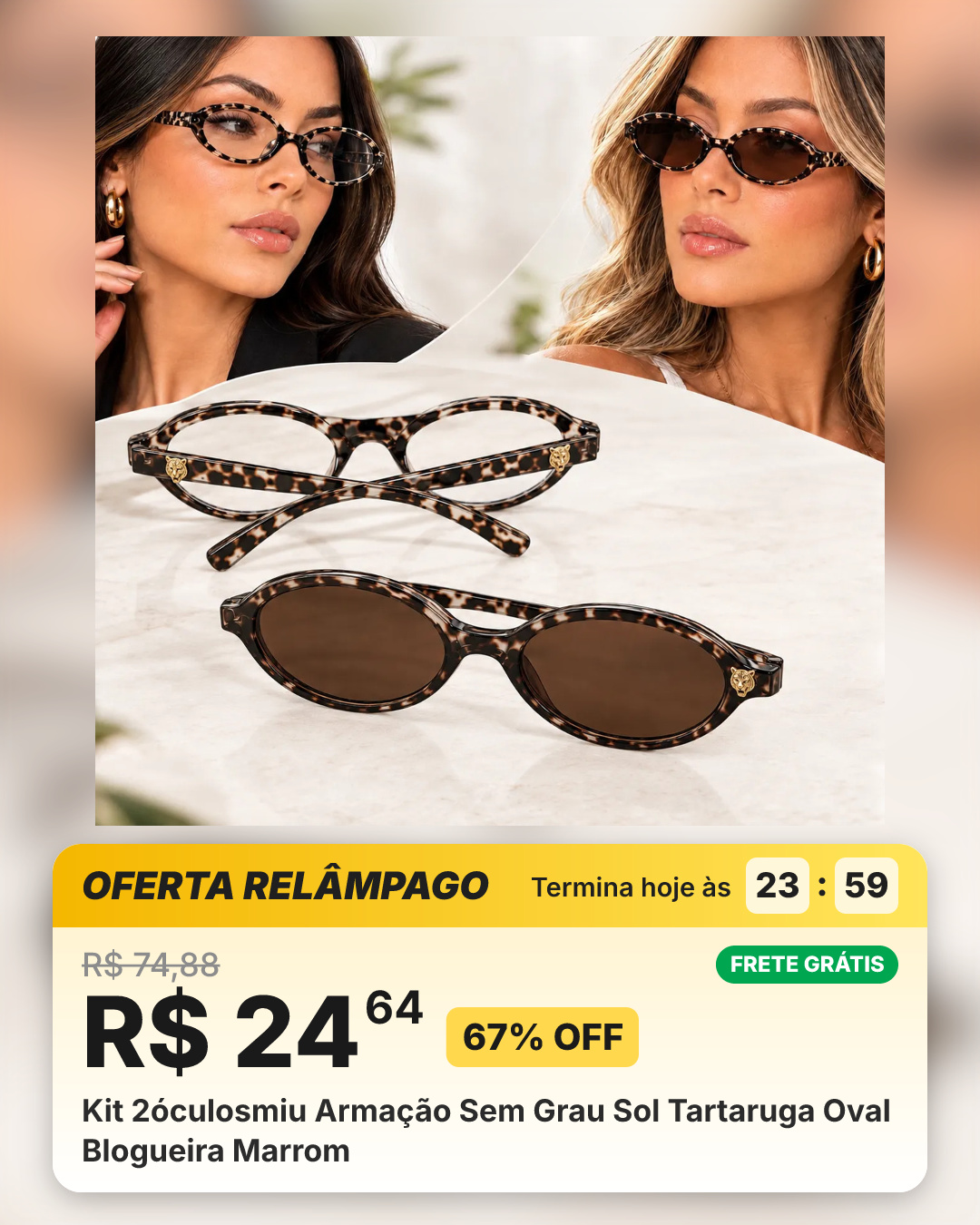 Kit 2óculosmiu Armação Sem Grau Sol Tartaruga Oval Blogueira Marrom
