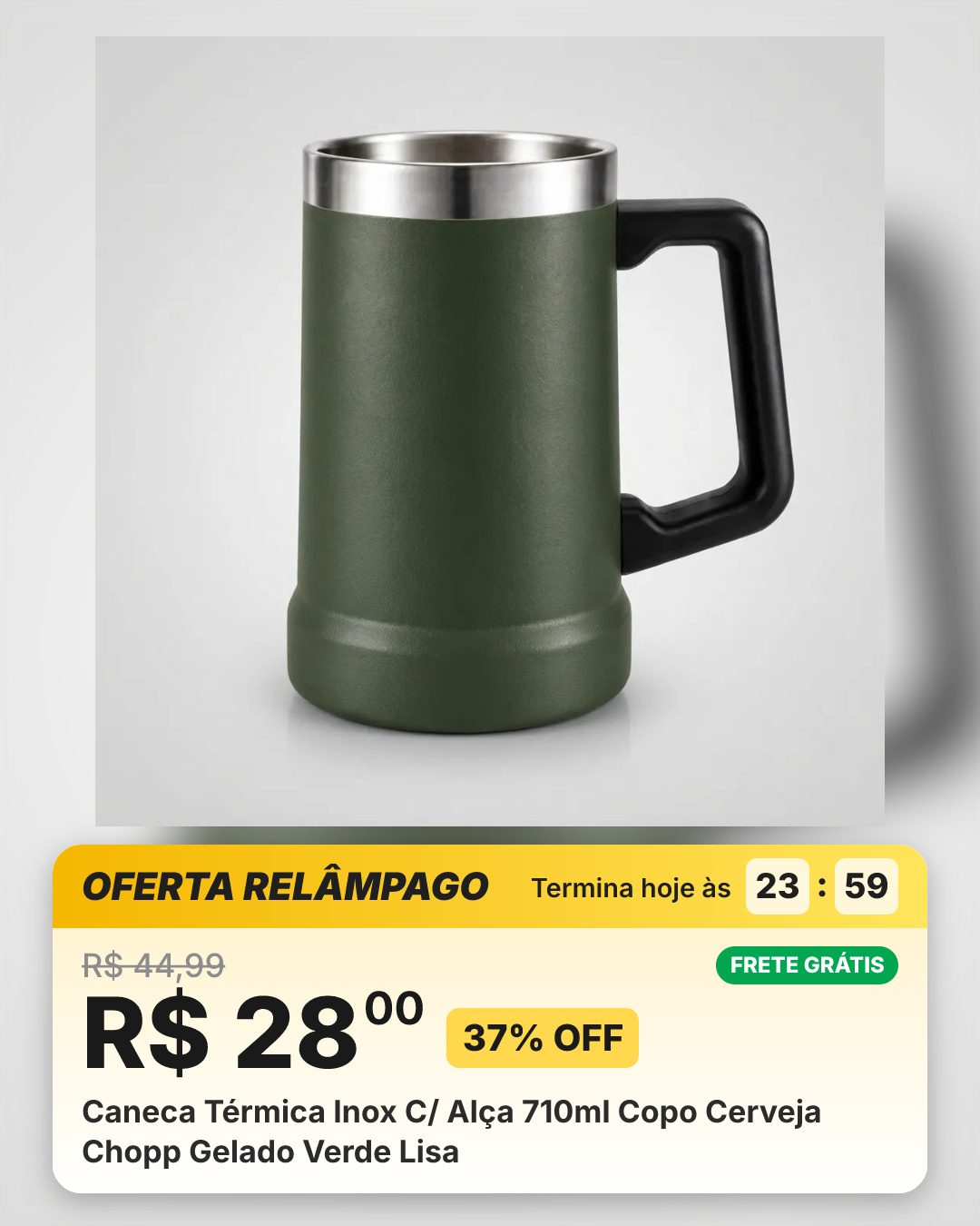 Caneca Térmica Inox C/ Alça 710ml Copo Cerveja Chopp Gelado Verde Lisa