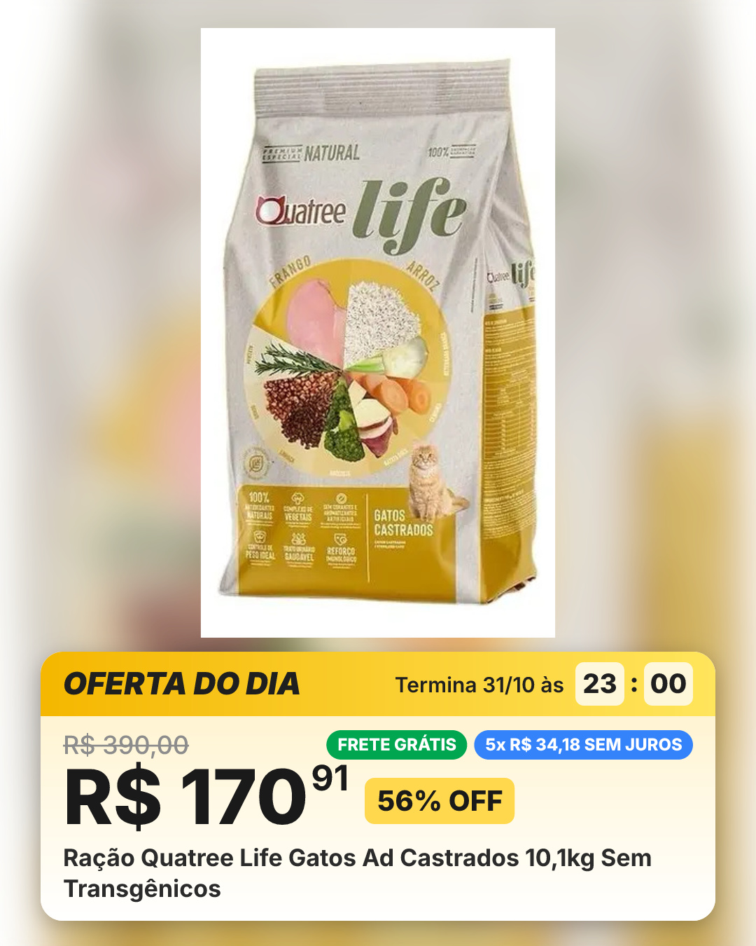 Ração Quatree Life Gatos Ad Castrados 10,1kg Sem Transgênicos