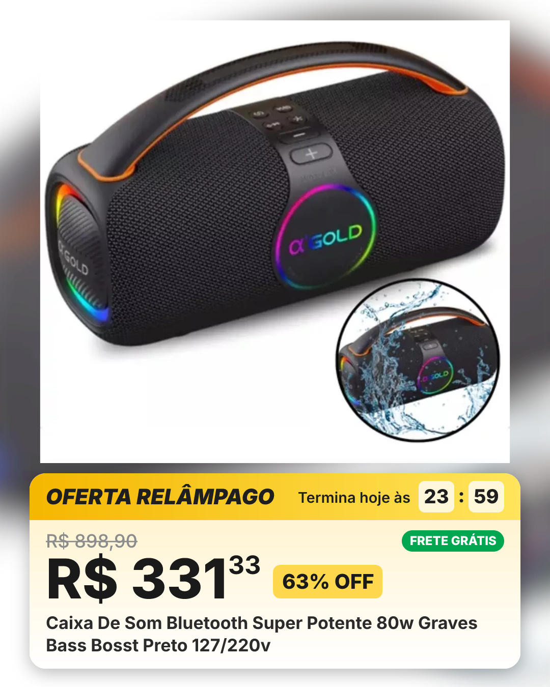 Caixa De Som Bluetooth Super Potente 80w Graves Bass Bosst Preto 127/220v