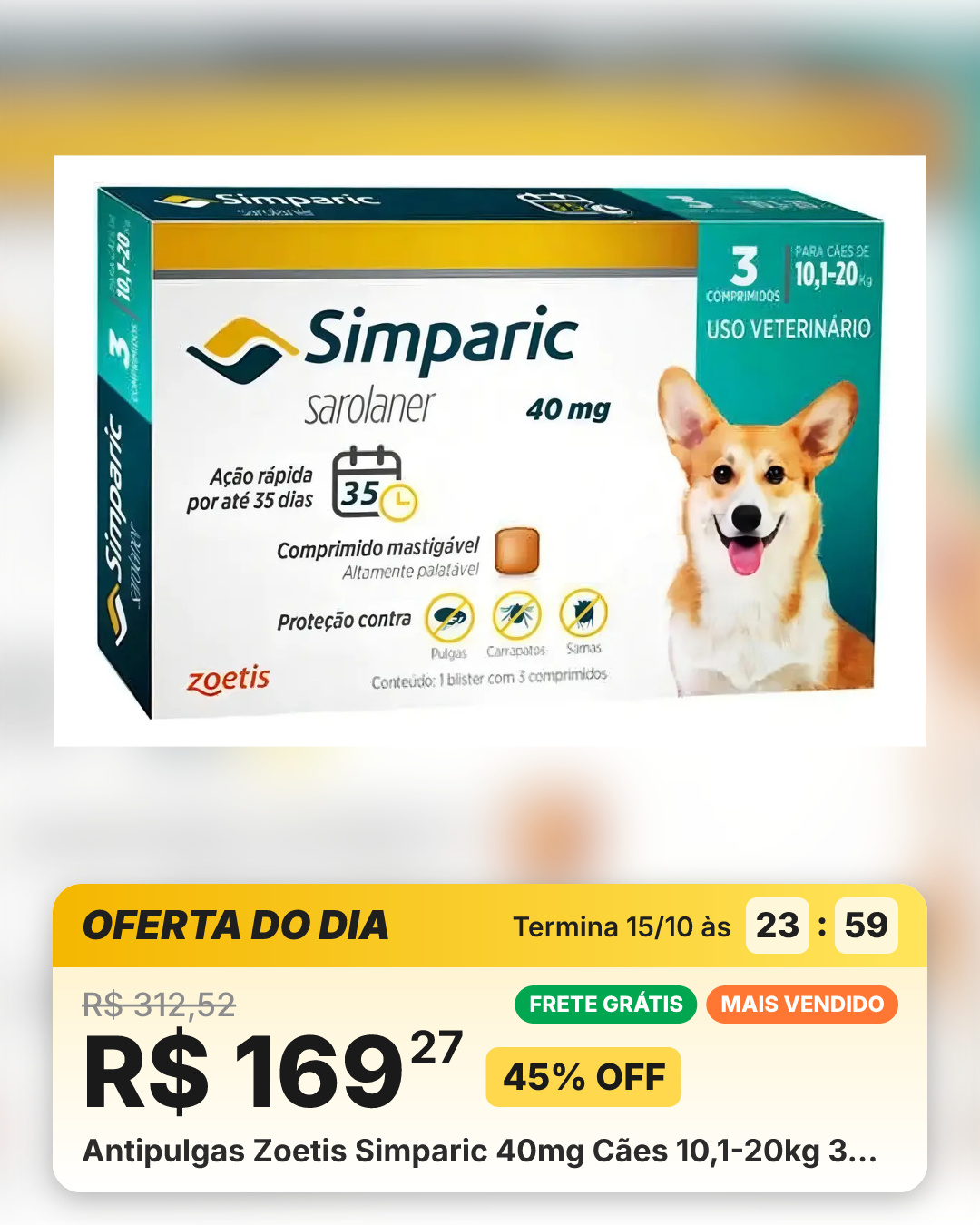 Antipulgas Zoetis Simparic 40mg Cães 10,1-20kg 3…