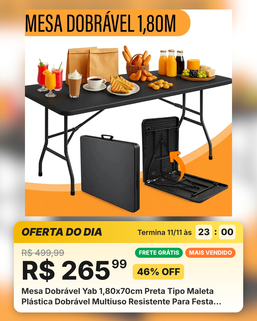 Mesa Dobrável Yab 1,80x70cm Preta Tipo Maleta Plástica Dobrável Multiuso Resistente Para Festa Buffet Camping Churrasco Jardim Área Gourmet Preto