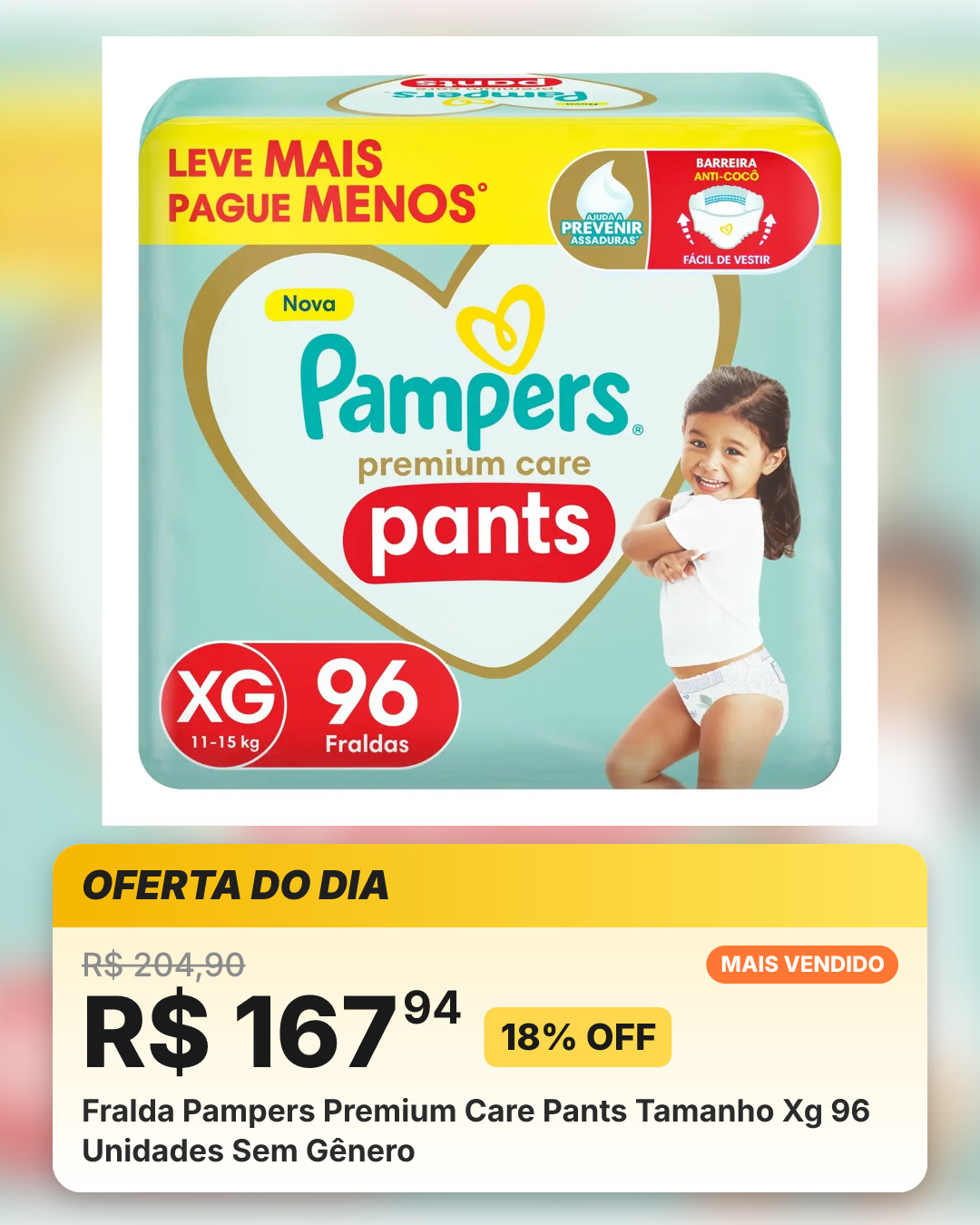 Fralda Pampers Premium Care Pants Tamanho Xg 96 Unidades Sem Gênero