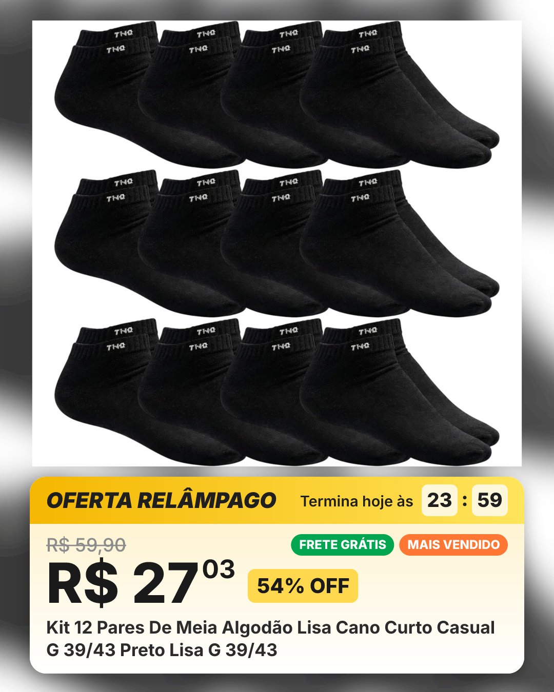 Kit 12 Pares De Meia Algodão Lisa Cano Curto Casual G 39/43 Preto Lisa G 39/43