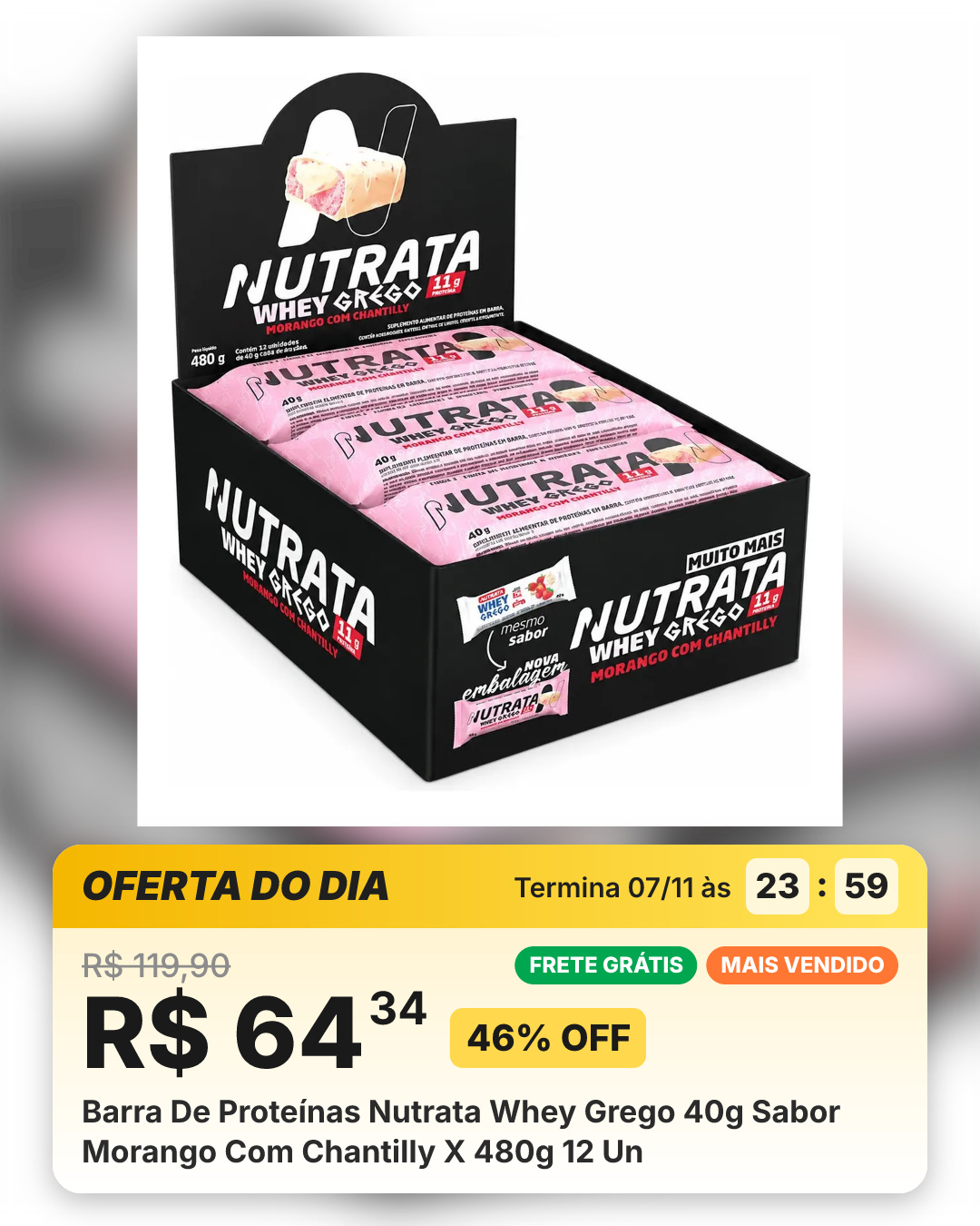 Barra De Proteínas Nutrata Whey Grego 40g Sabor Morango Com Chantilly X 480g 12 Un