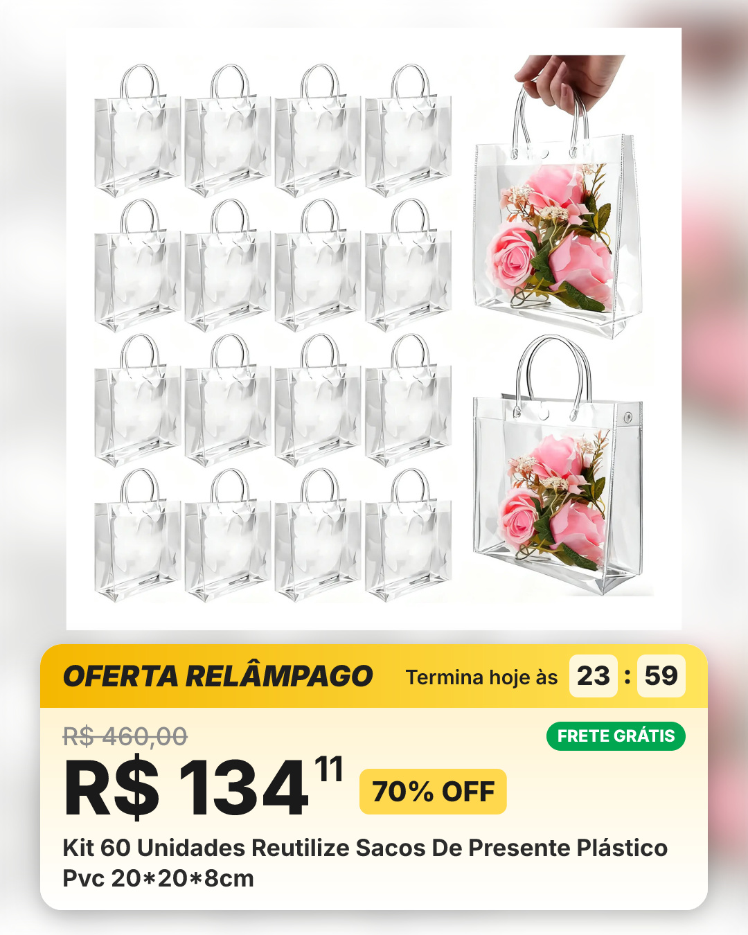 Kit 60 Unidades Reutilize Sacos De Presente Plástico Pvc 20*20*8cm