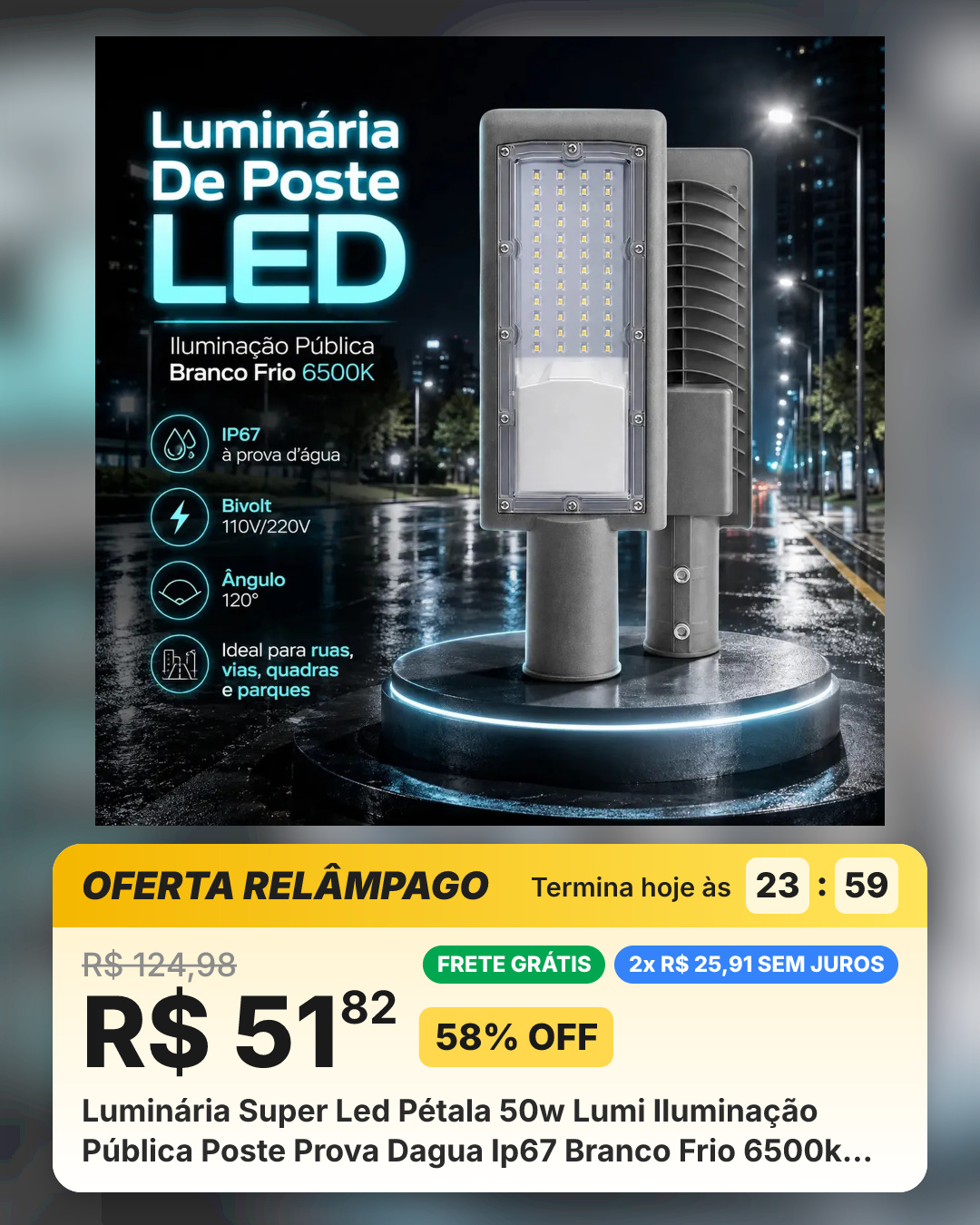 Luminária Super Led Pétala 50w Lumi Iluminação Pública Poste Prova Dagua Ip67 Branco Frio 6500k 127/220v Preto