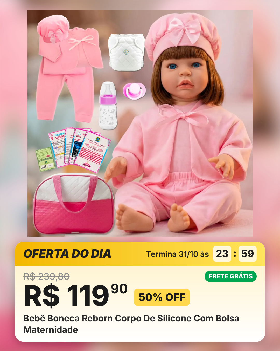 Bebê Boneca Reborn Corpo De Silicone Com Bolsa Maternidade