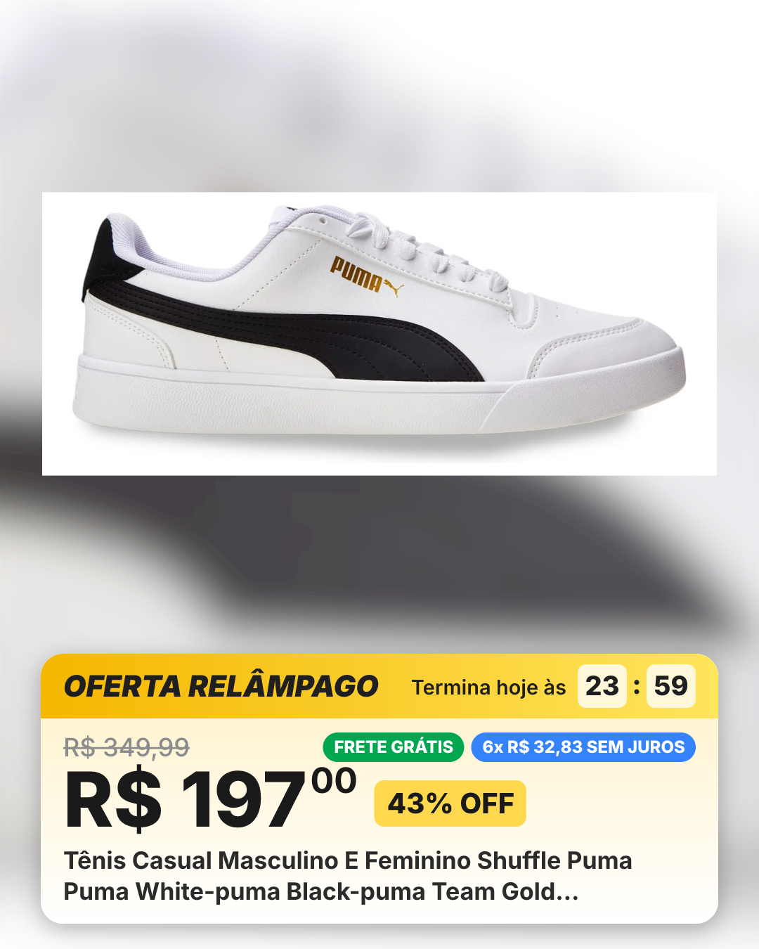 Tênis Casual Masculino E Feminino Shuffle Puma Puma White-puma Black-puma Team Gold Geométrico 38 Br