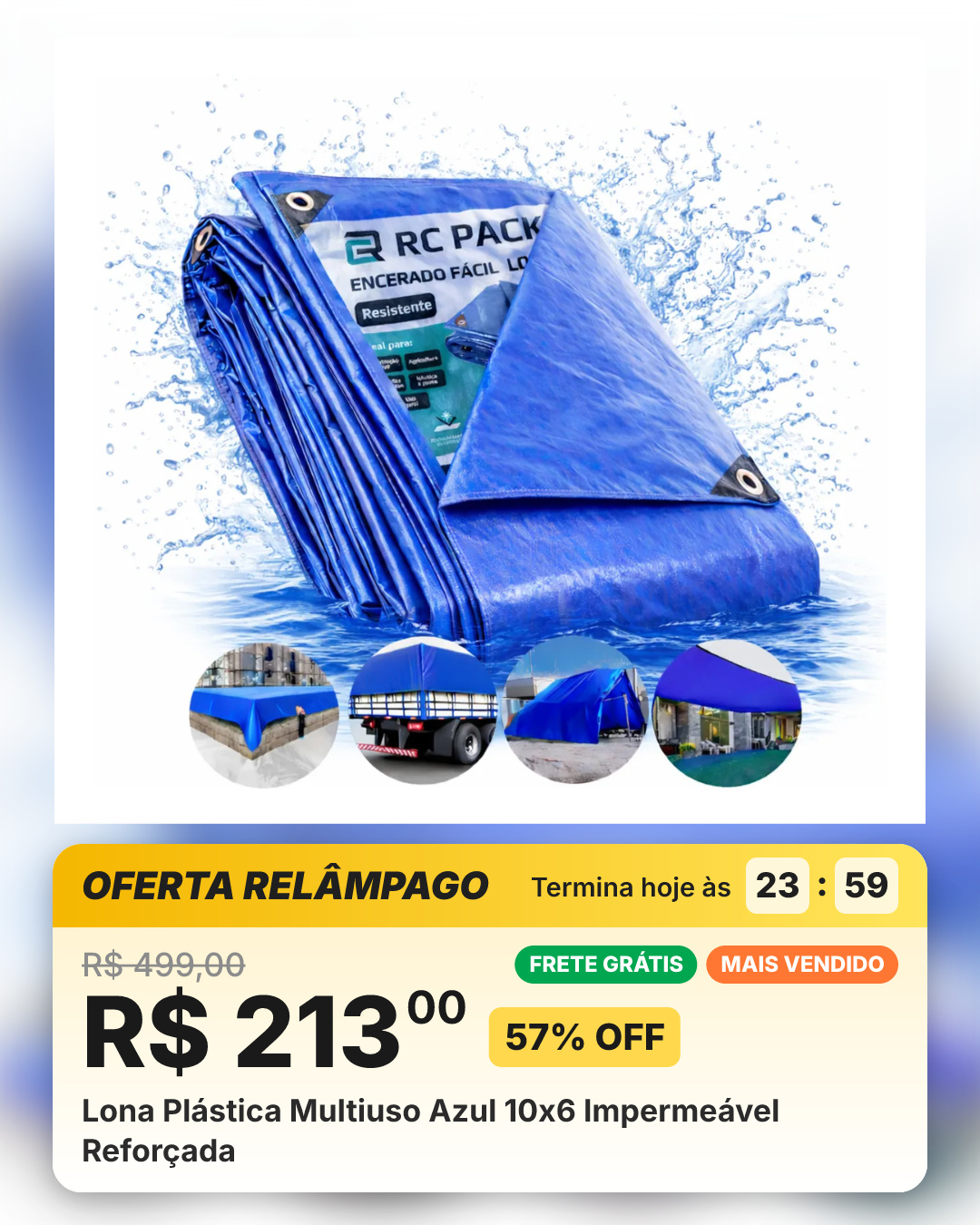 Lona Plástica Multiuso Azul 10x6 Impermeável Reforçada