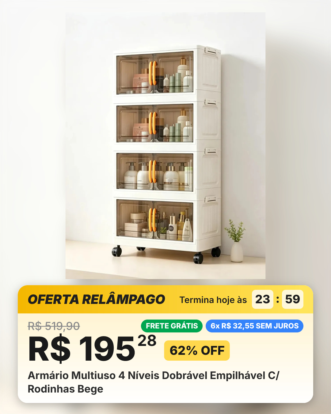 Armário Multiuso 4 Níveis Dobrável Empilhável C/ Rodinhas Bege