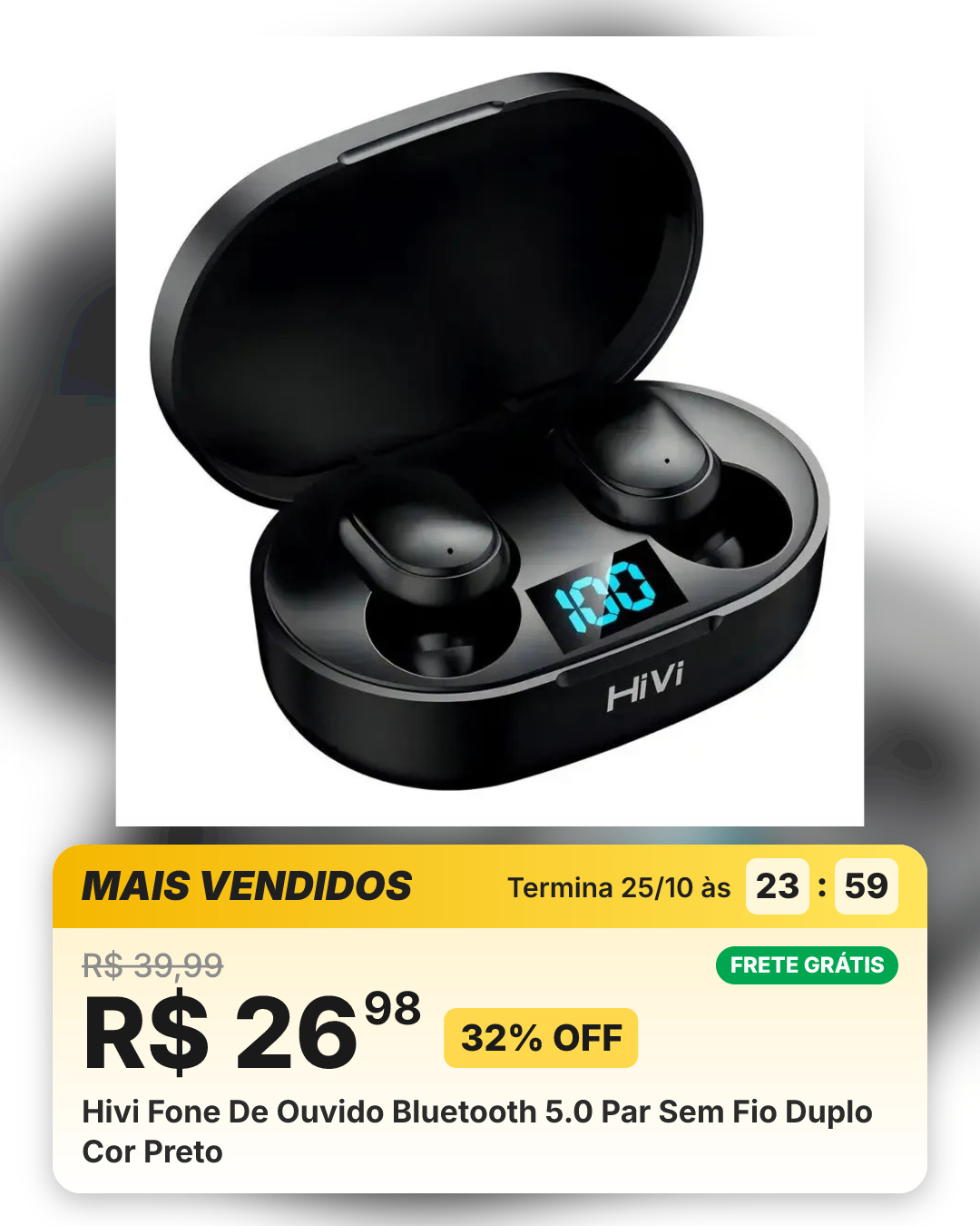 Hivi Fone De Ouvido Bluetooth 5.0 Par Sem Fio Duplo Cor Preto