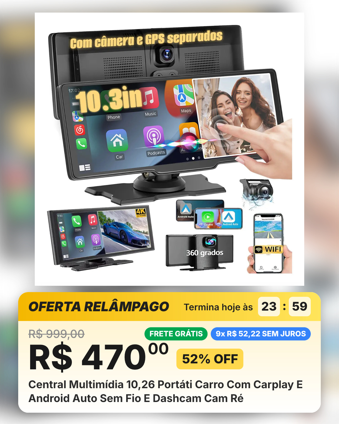 Central Multimídia 10,26 Portáti Carro Com Carplay E Android Auto Sem Fio E Dashcam Cam Ré