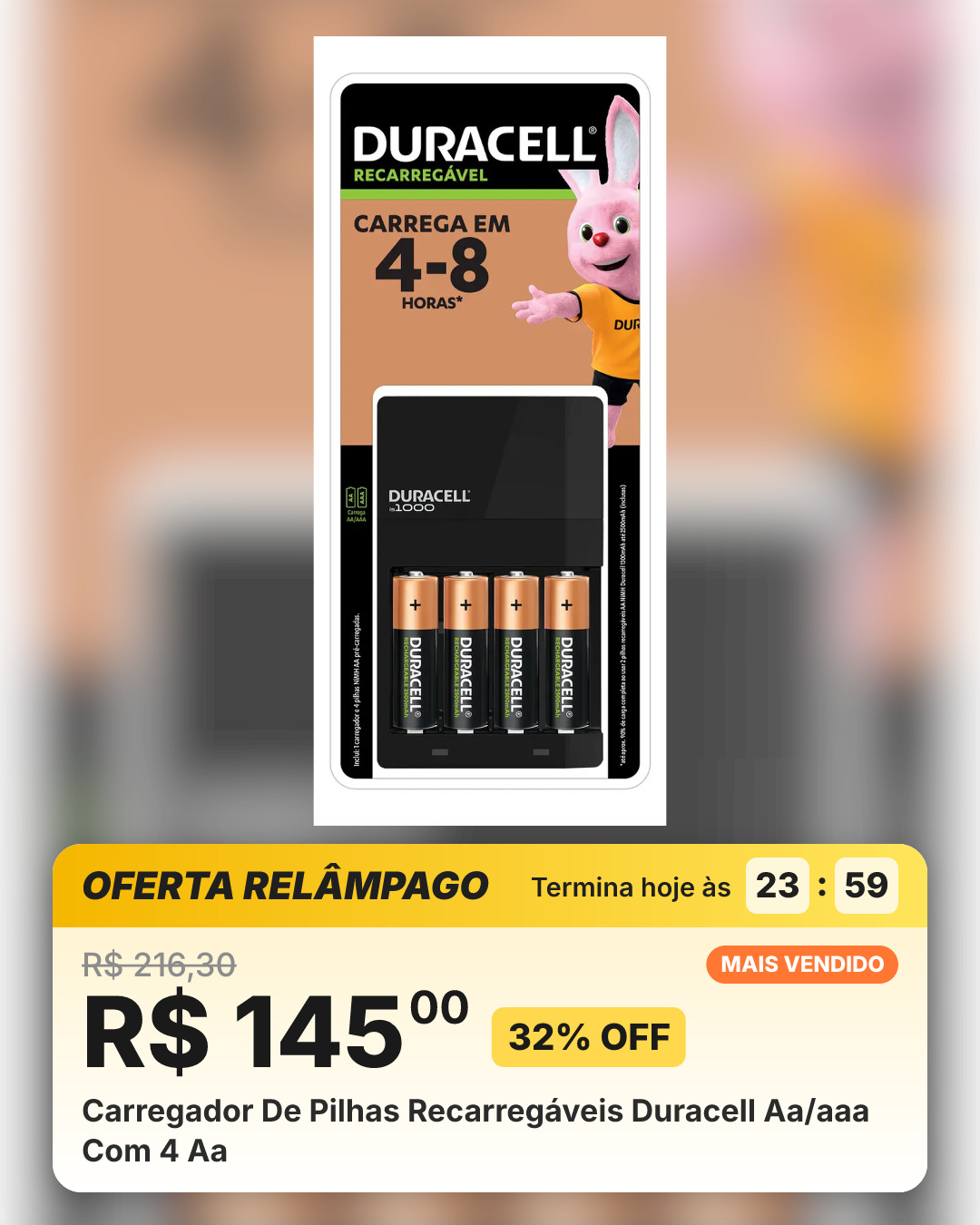 Carregador De Pilhas Recarregáveis Duracell Aa/aaa Com 4 Aa