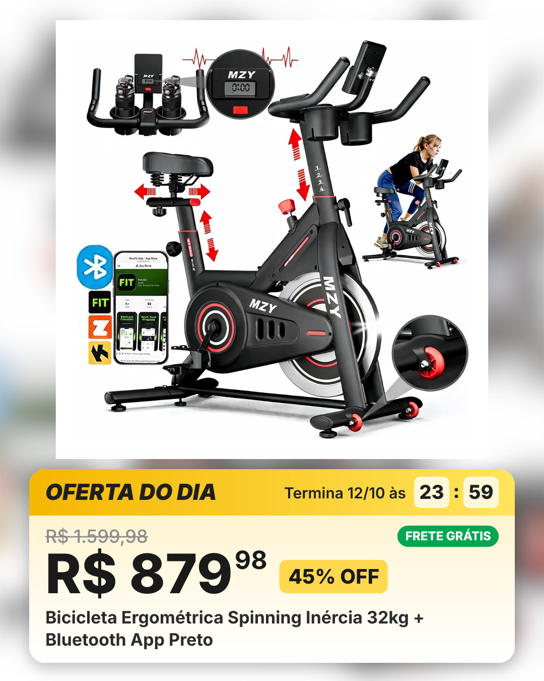 Bicicleta Ergométrica Spinning Inércia 32kg + Bluetooth App Preto
