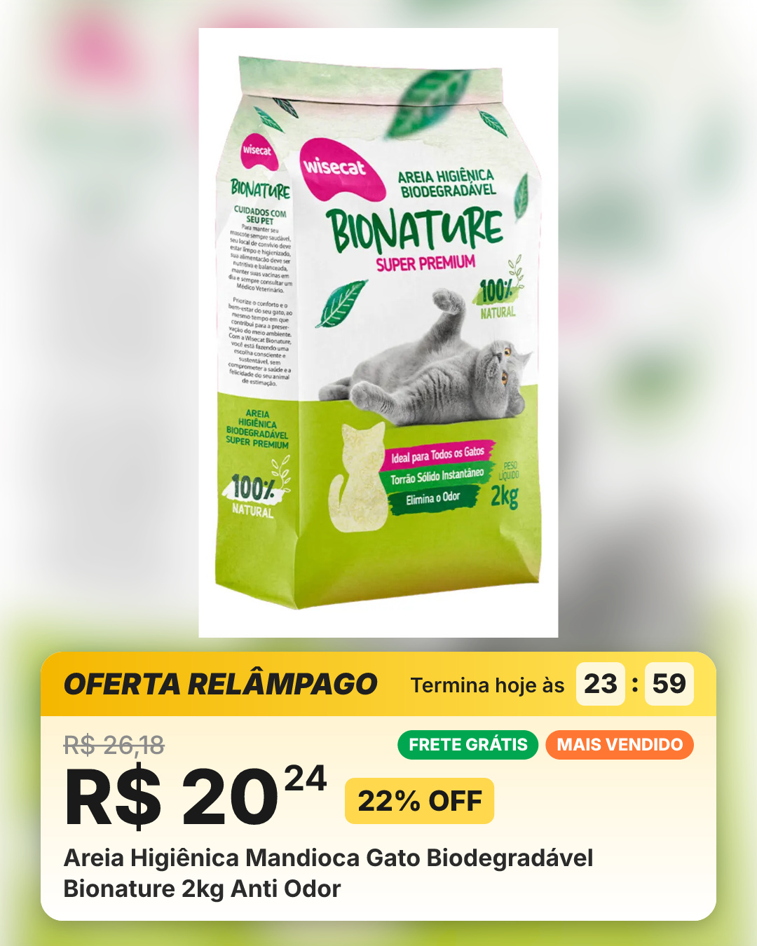 Areia Higiênica Mandioca Gato Biodegradável Bionature 2kg Anti Odor
