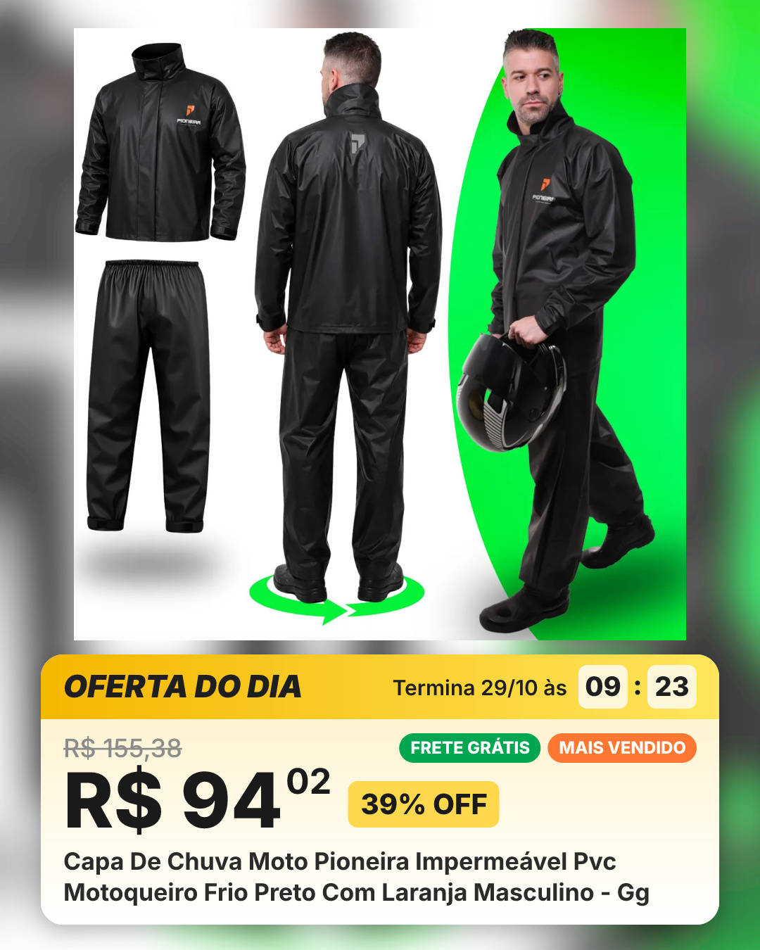 Capa De Chuva Moto Pioneira Impermeável Pvc Motoqueiro Frio Preto Com Laranja Masculino - Gg