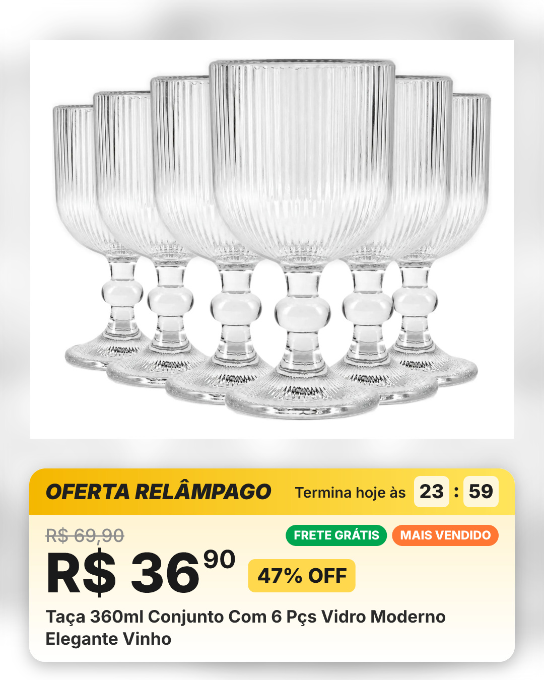 Taça 360ml Conjunto Com 6 Pçs Vidro Moderno Elegante Vinho