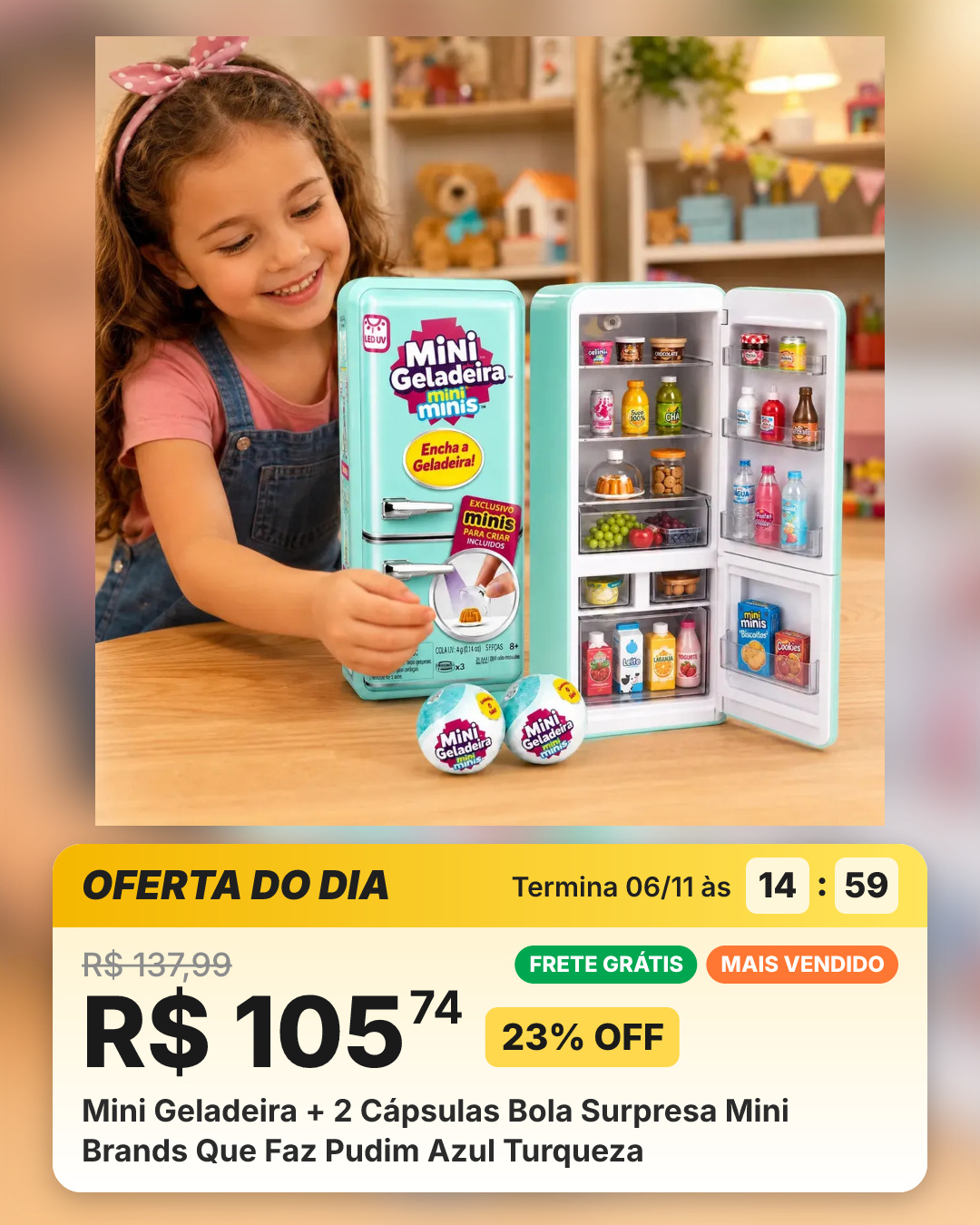 Mini Geladeira + 2 Cápsulas Bola Surpresa Mini Brands Que Faz Pudim Azul Turqueza