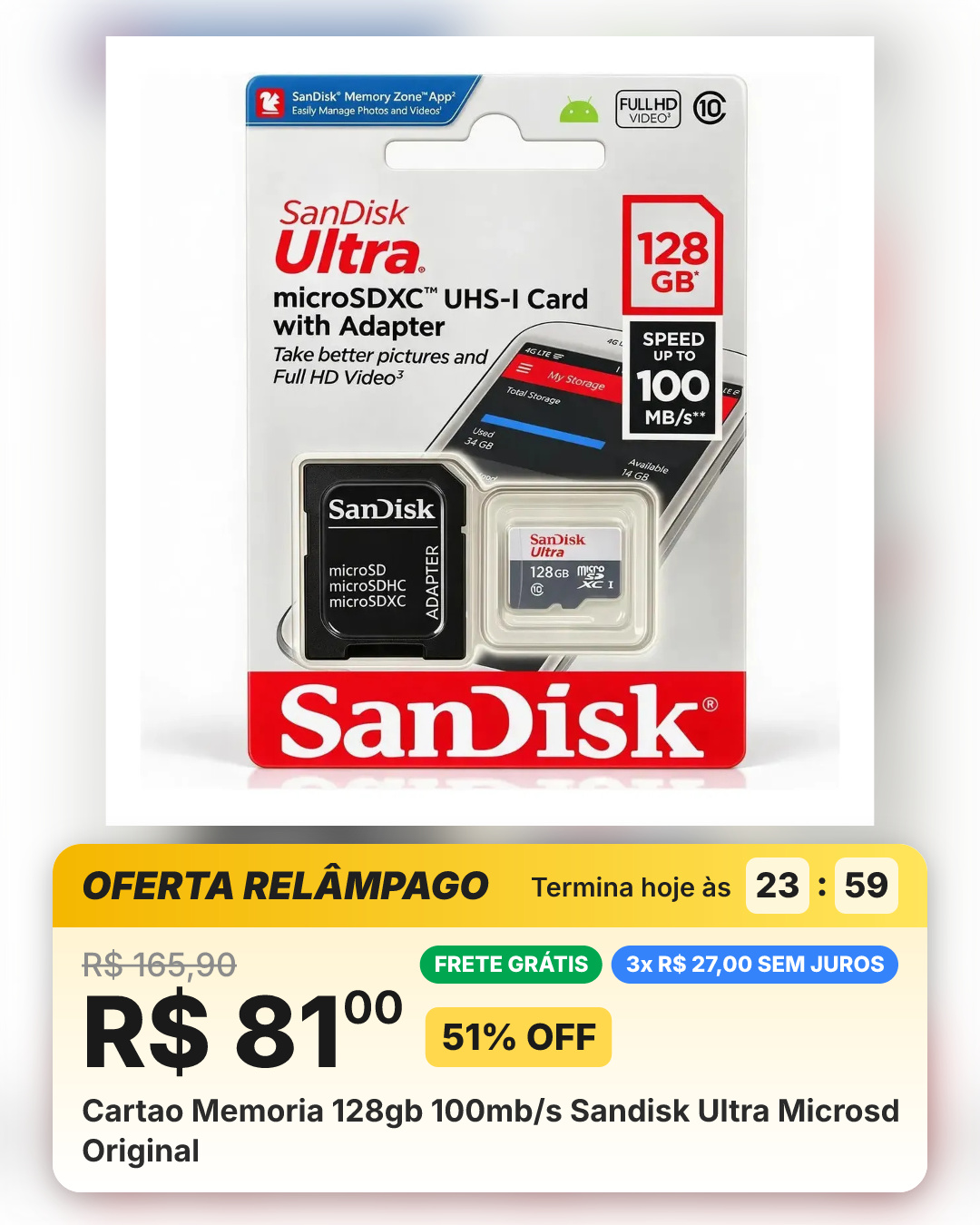 Cartao Memoria 128gb 100mb/s Sandisk Ultra Microsd Original