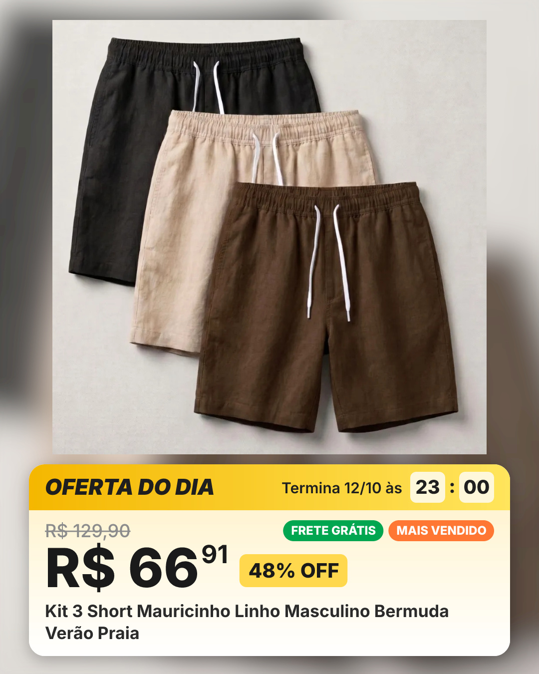 Kit 3 Short Mauricinho Linho Masculino Bermuda Verão Praia