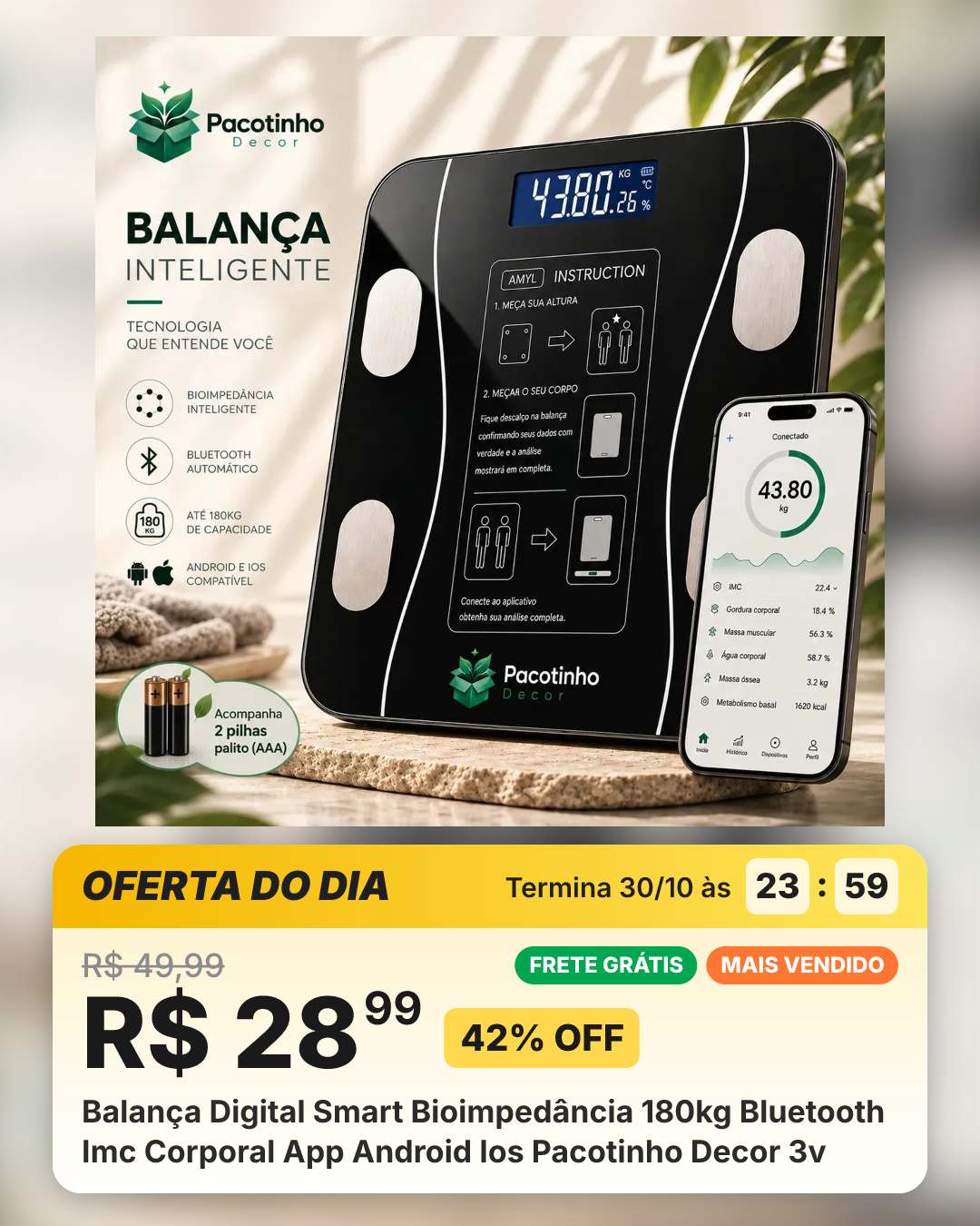 Balança Digital Smart Bioimpedância 180kg Bluetooth Imc Corporal App Android Ios Pacotinho Decor 3v