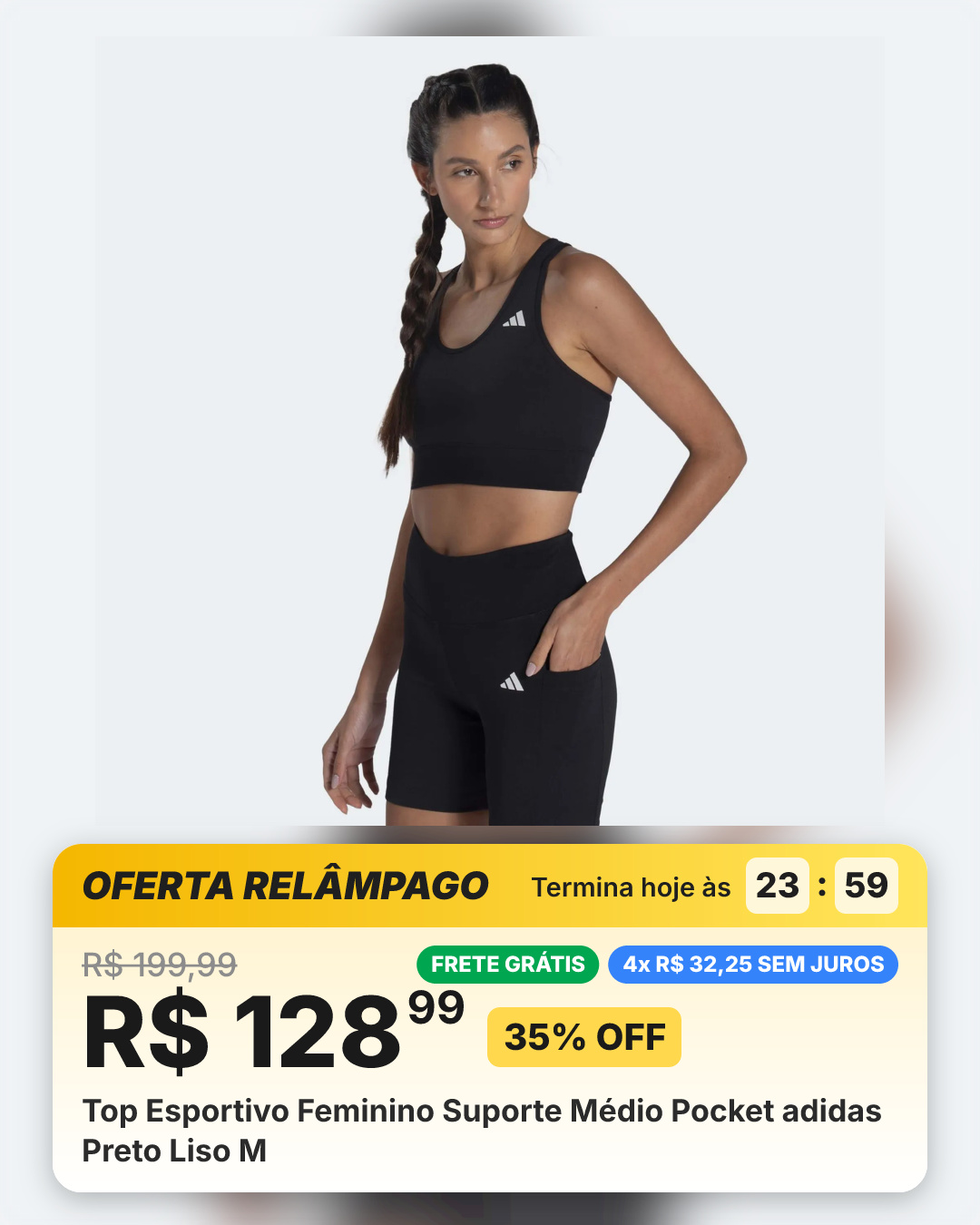 Top Esportivo Feminino Suporte Médio Pocket adidas Preto Liso M